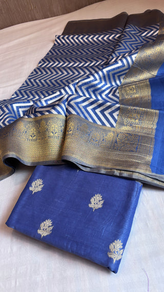 Ink blue linen kurta paired with kora silk chevron duppata and bottom suit set