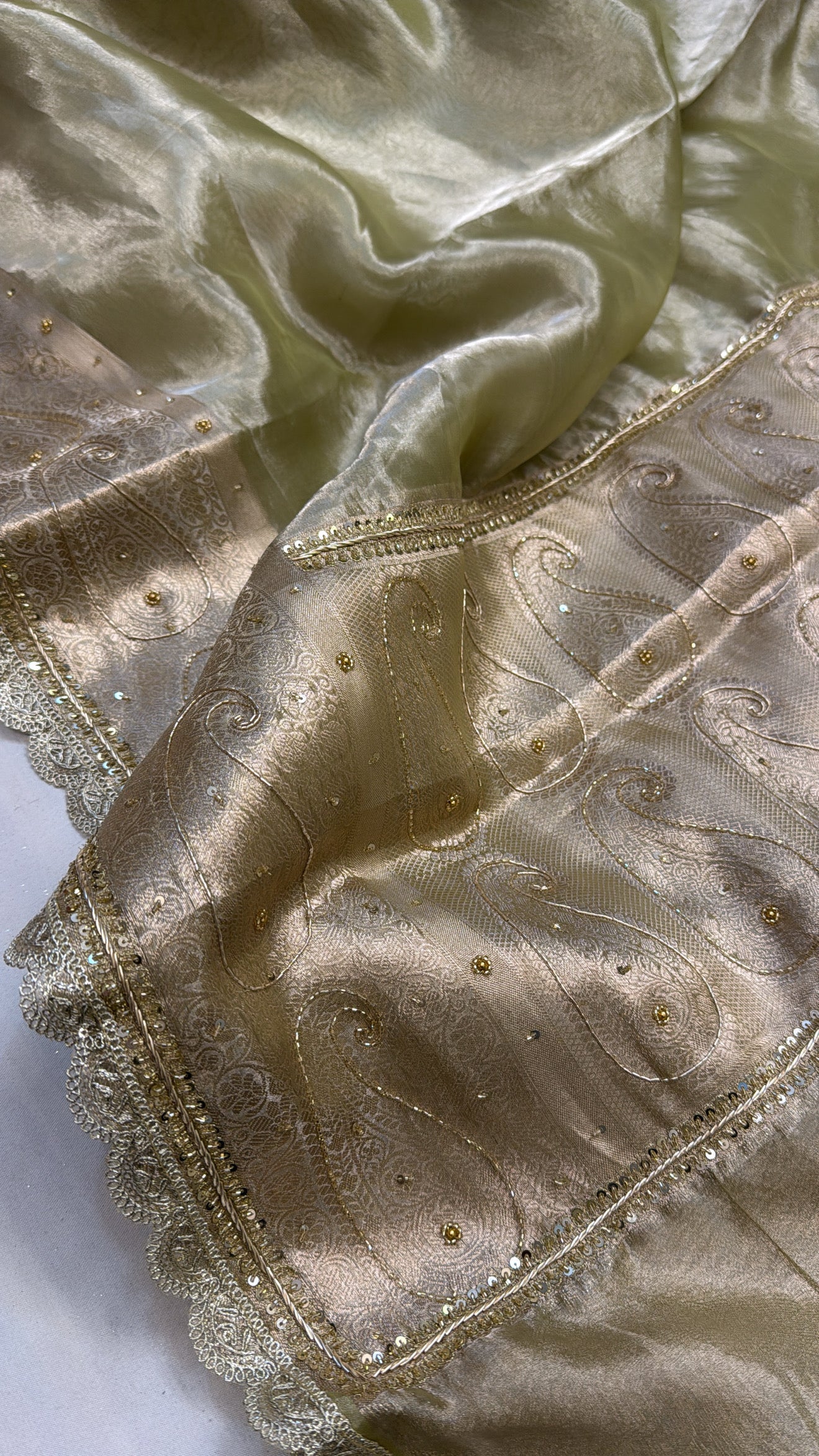 Mint green tissue silk hand zardozi work embroidered kadhwa saree