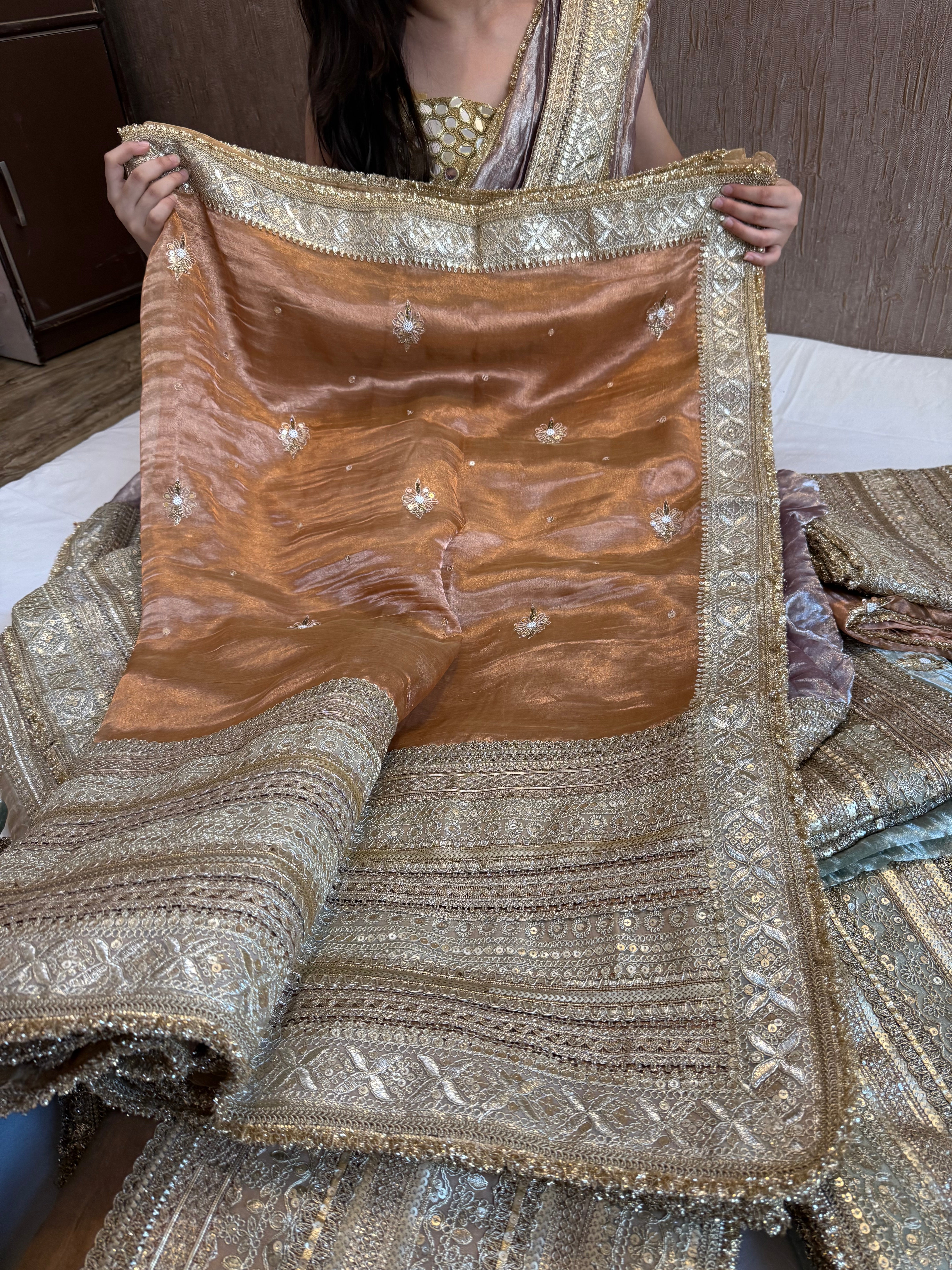 Lehenga style saree edit- Mud brown diamond tissue silk tilli work heavy gotapatti skirt border saree
