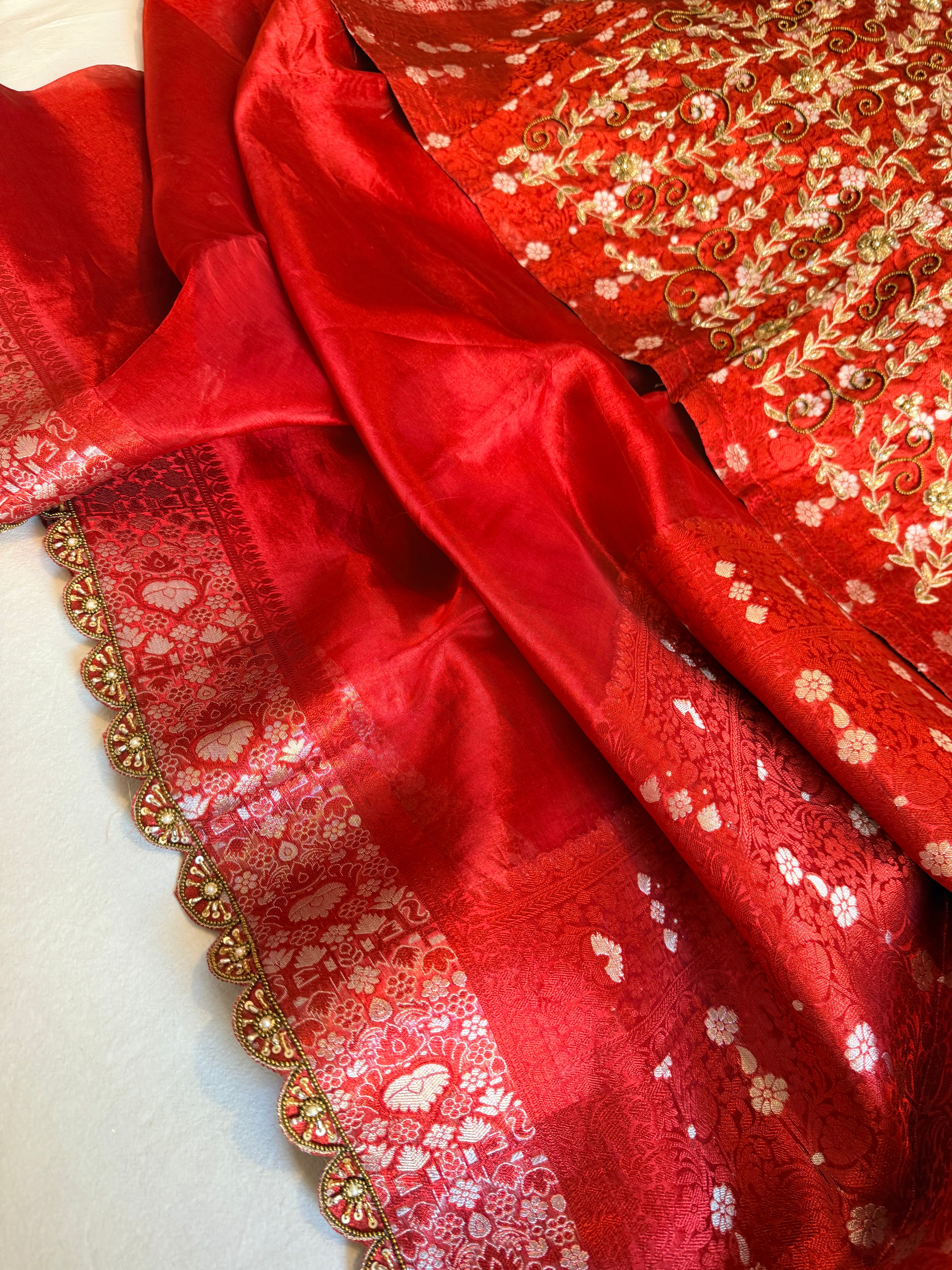 Rose red husn tissue silk hand embroidered kadhwa saree with heavy blouse