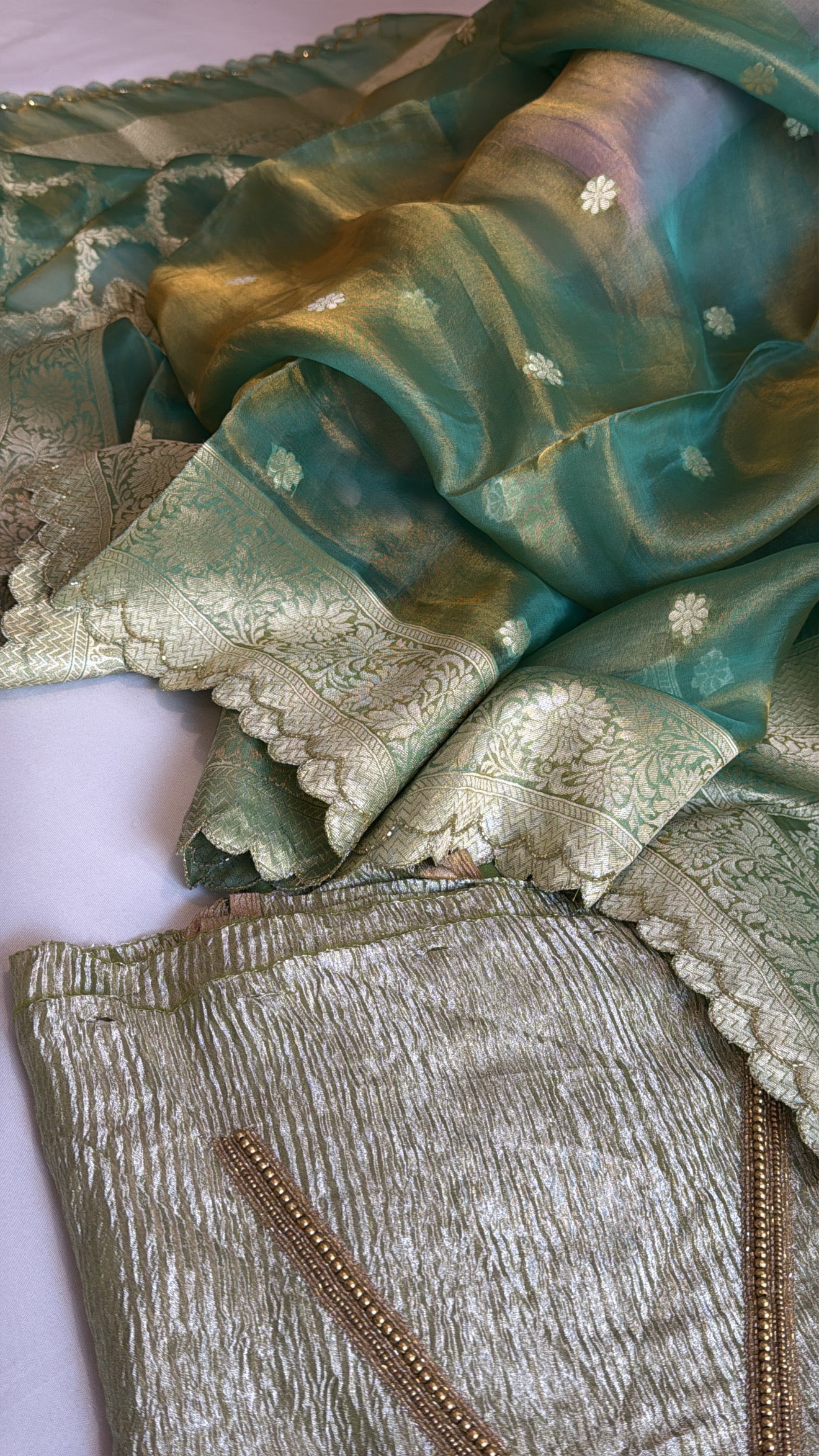 Vivah edit - Candy green crushed tissue silk hand embroidered suit sets