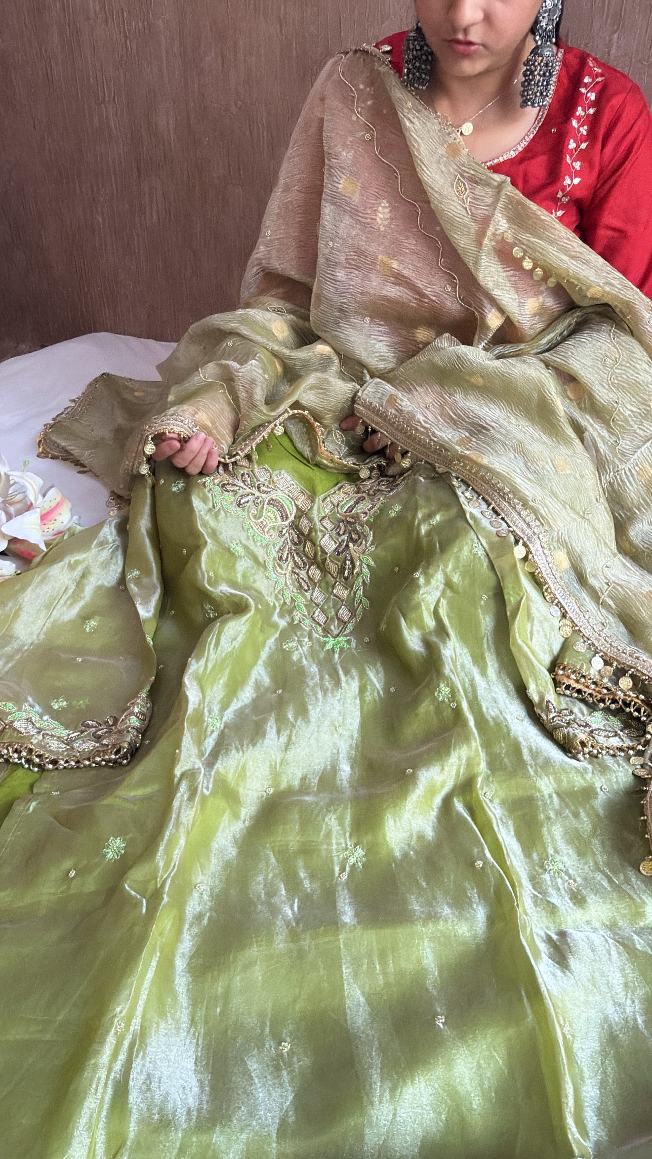 Mehendi green tissue silk hand embroidered heeramandi kadhwa suit set