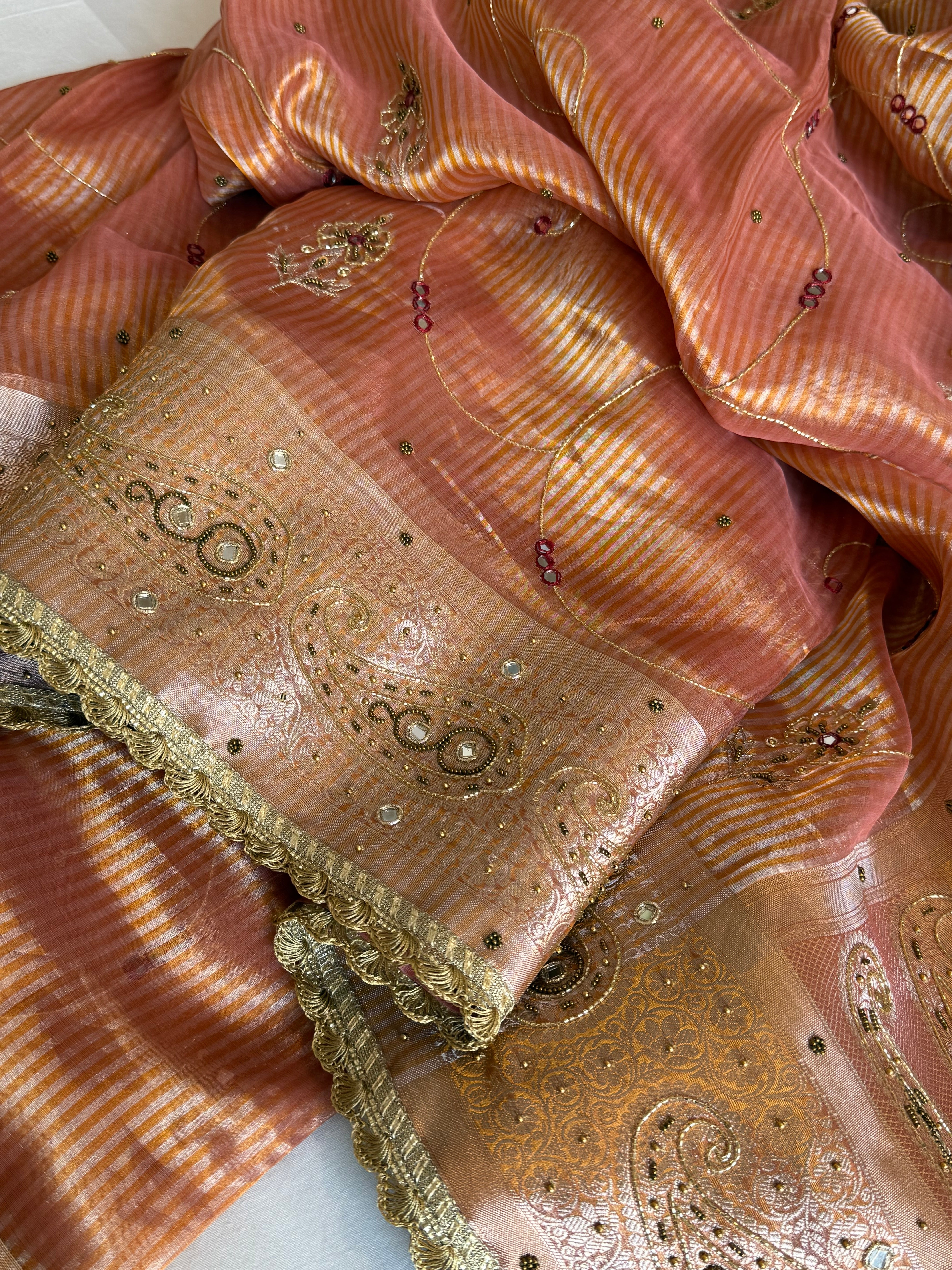 Begum bano Mirror work ambi motif peach striped tissue silk hand embroidered saree