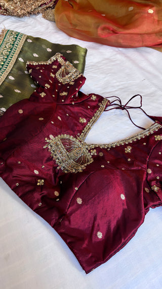 Sitara maroon hand embroidered katan silk blouse piece                     SIZE- 36 to 38