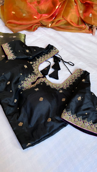 Sitara black katan silk hand embroidered blouse piece               SIZE - 36 to 38