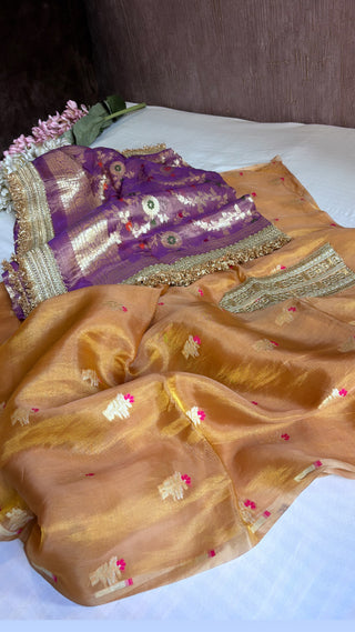 Heeramandi golden-purple contrast tissue silk meenakari suit set