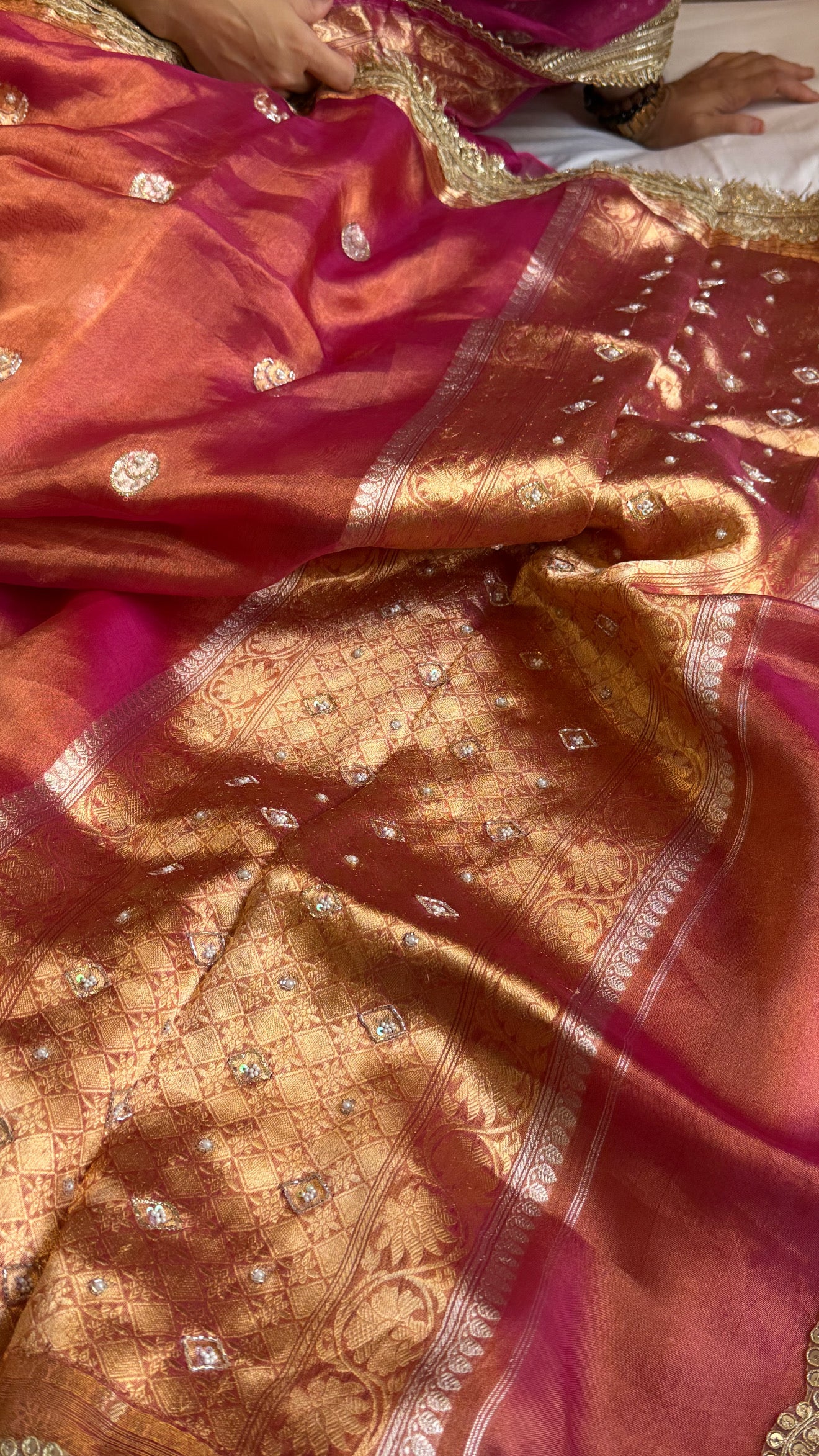 Chand tara rani pink dhup chao effect tissue silk hand embroidered saree