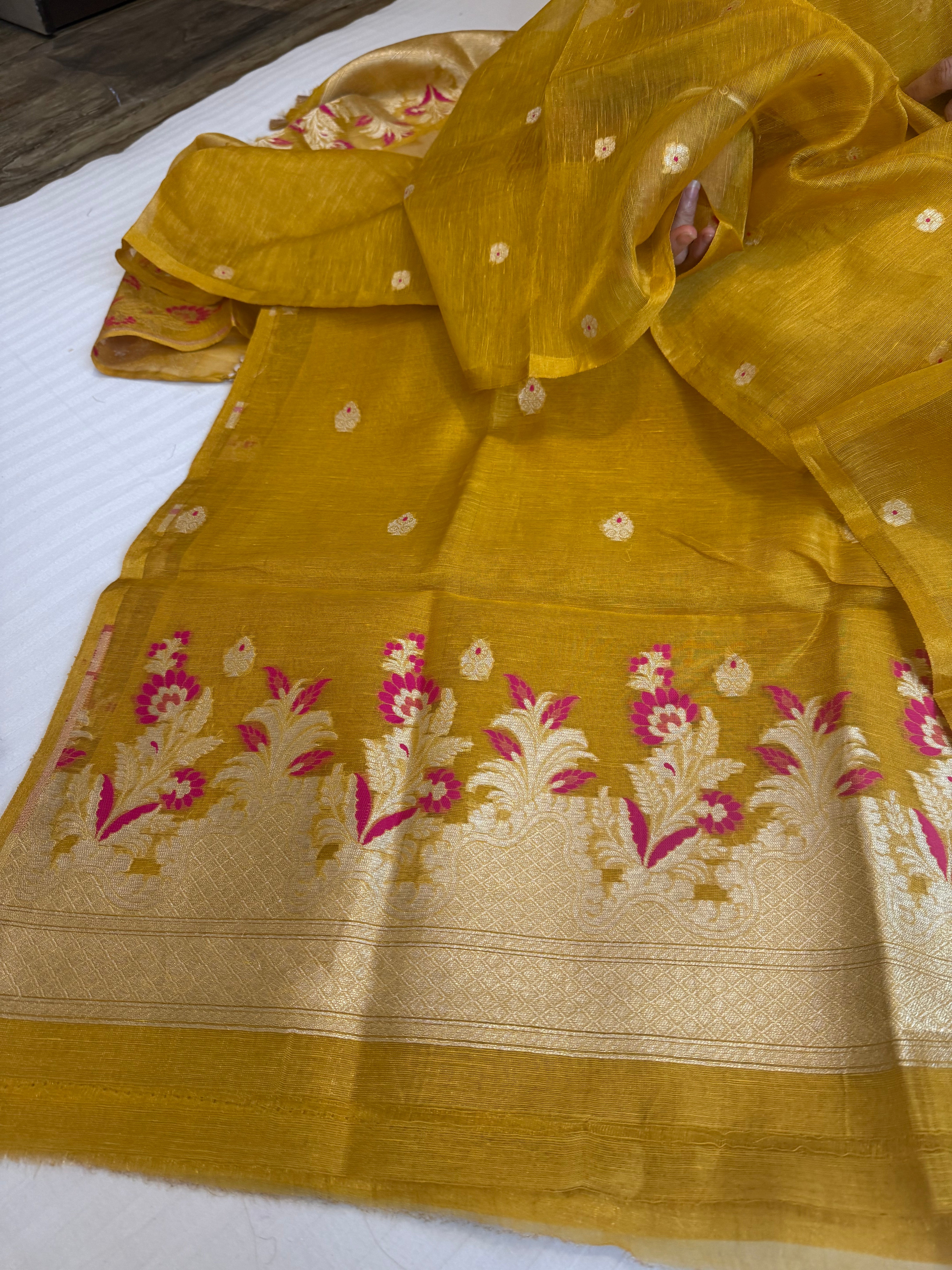 Linen tissue haldi gold meenakari kadhwa buti suit sets