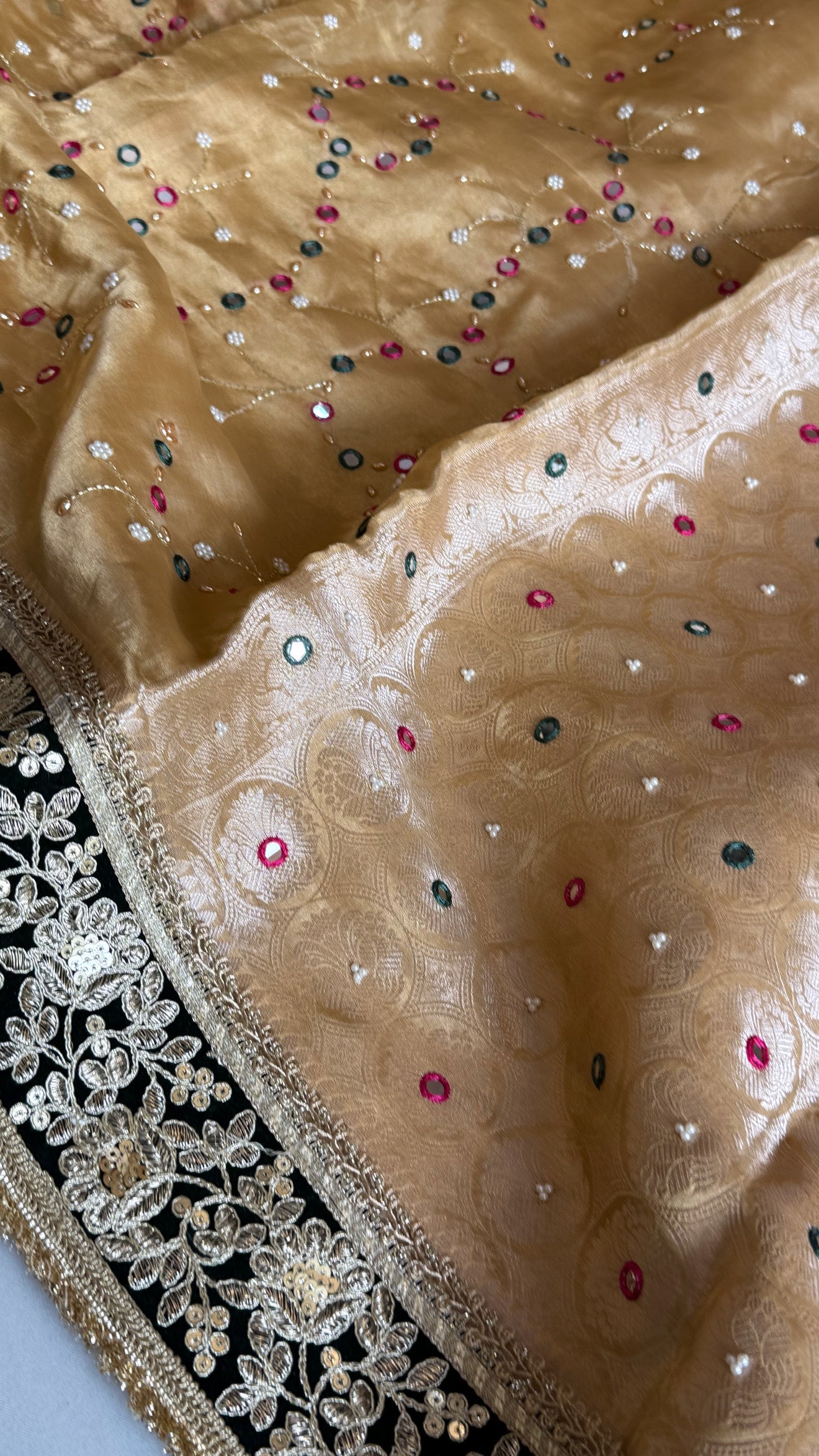 Sheesham edit - Heavy double tissue silk mirror work hand embroidered saree
