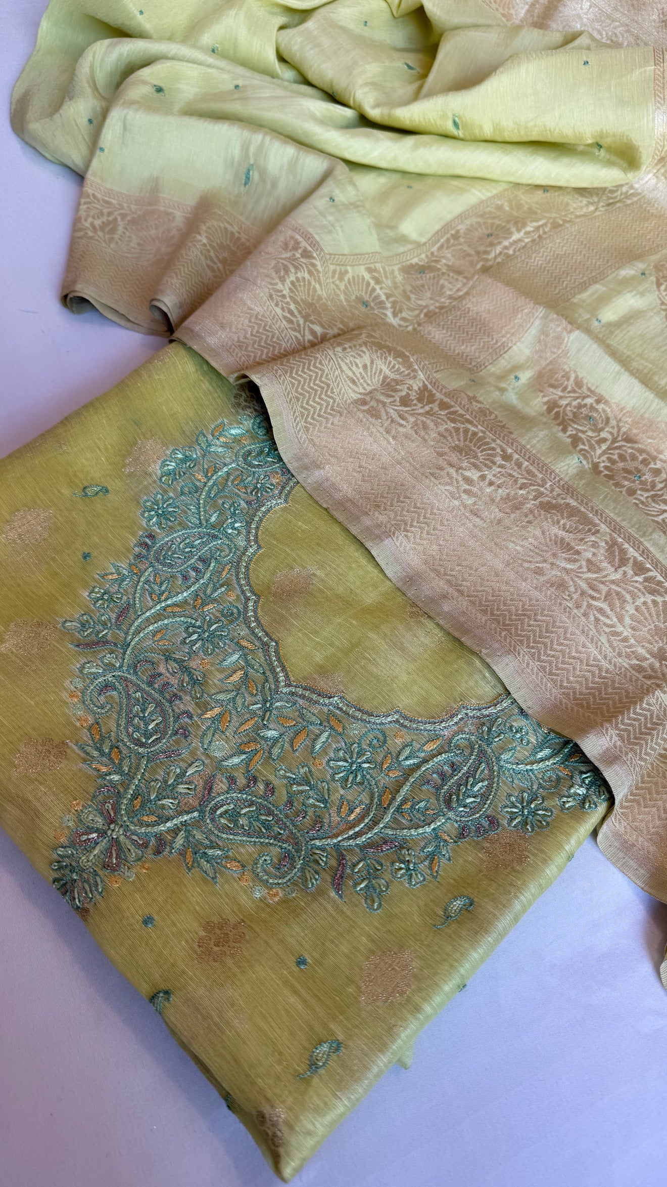 Lime green resham thread hand embroidered linen gorgette suit set