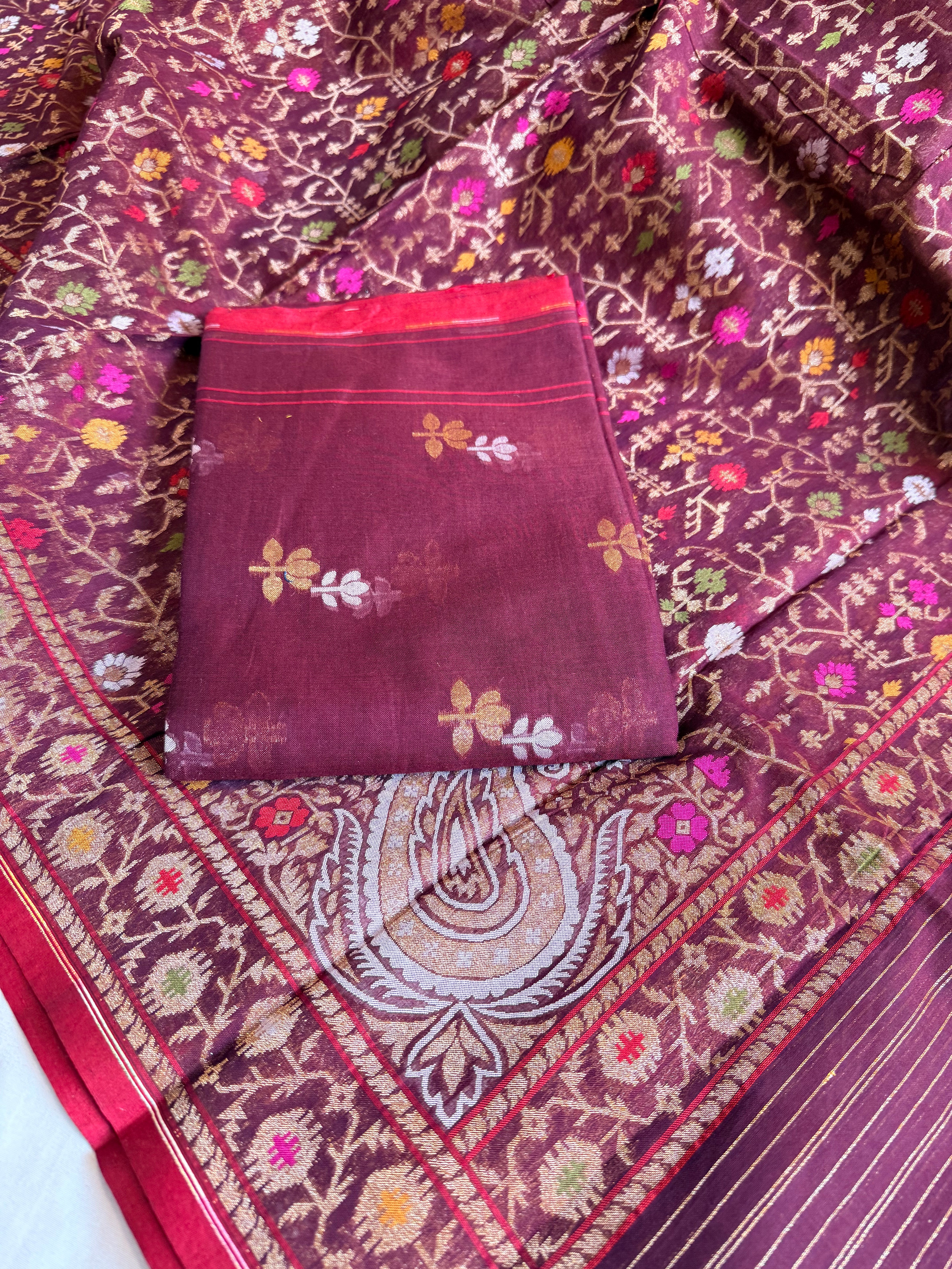 Banarasi iktara jamdani plum maroon sona rupa kadhwa suit set