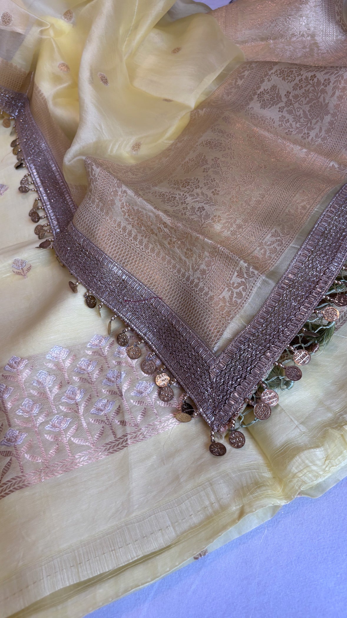 Soft lime linen gorgette kurta paired with kora silk hand woven duppata sets