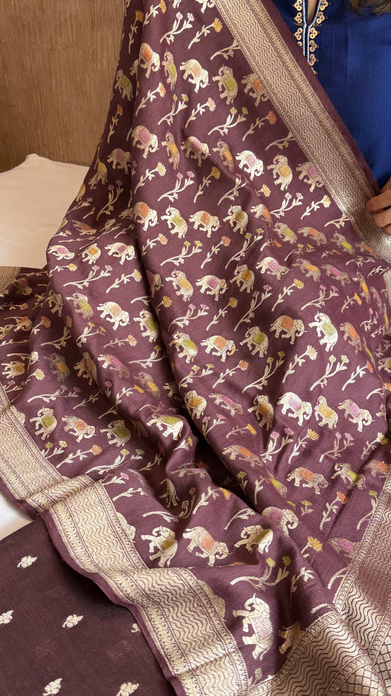 Deep wine moonga silk elephant motif kadhwa weaving suit set