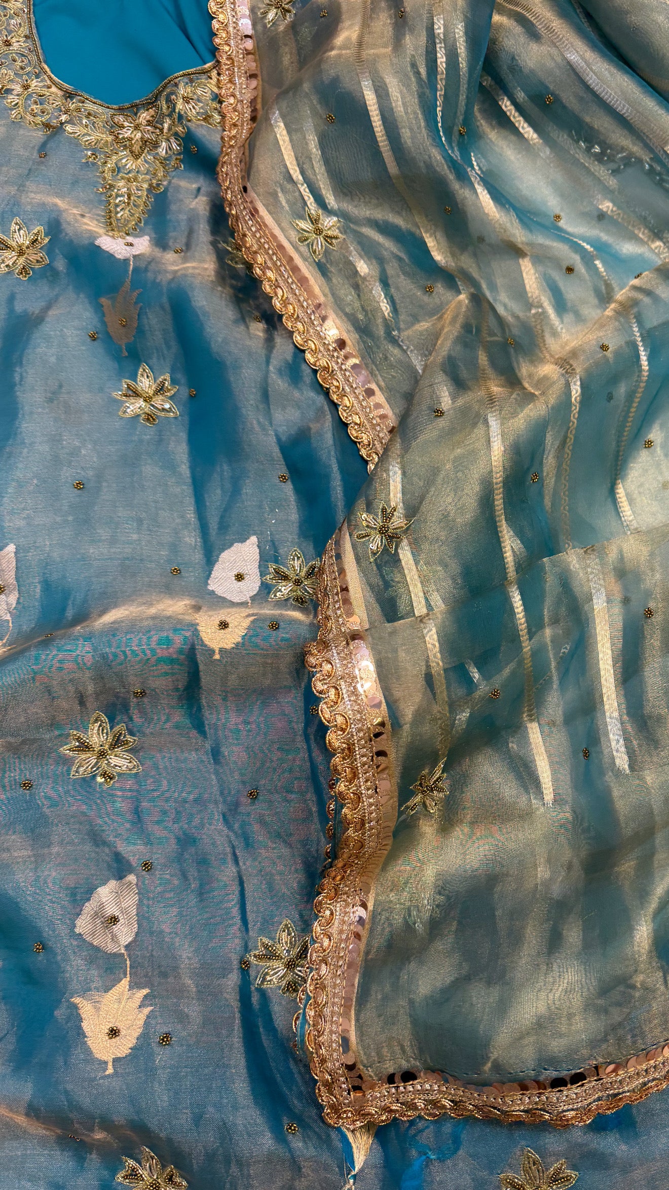 Dulhan ka joda - Water blue tissue silk heavy hand embroidered kadhwa gotapatti suit set