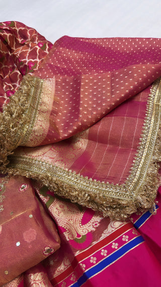 “Kali wala lehenga” — Rani pink semi stitched pure banarasi kali wala lehenga set