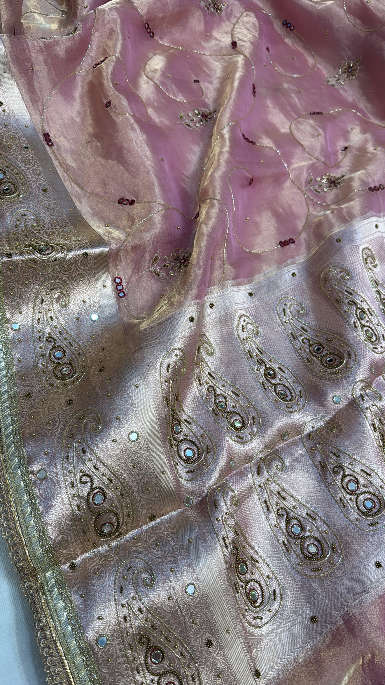 Blush pink tissue silk hand embroidered kadhwa saree