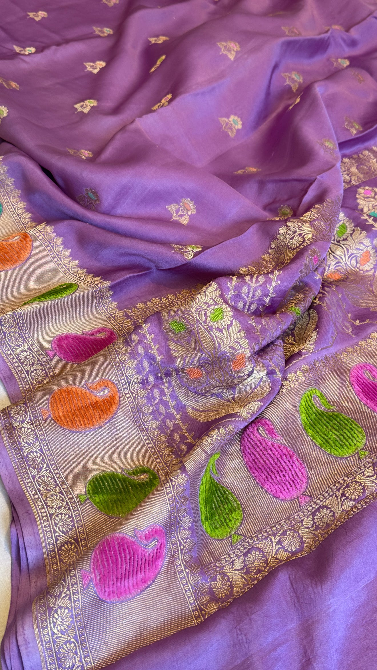 Soft lavender banarasi mashru silk velvet buti kadhwa weaving saree
