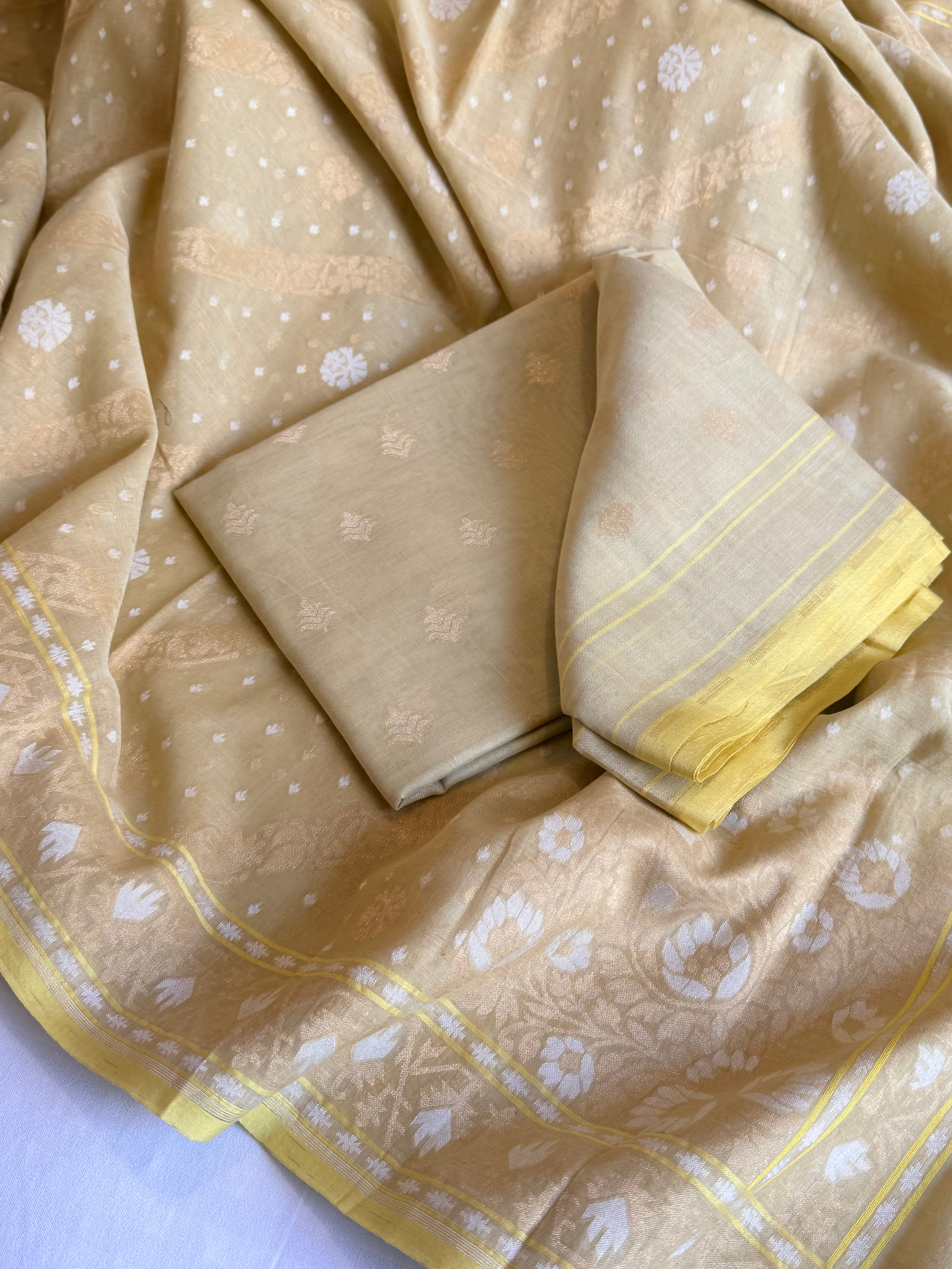 Iktara jamdani kadhwa sona rupa weaving banarasi mul cotton suit set