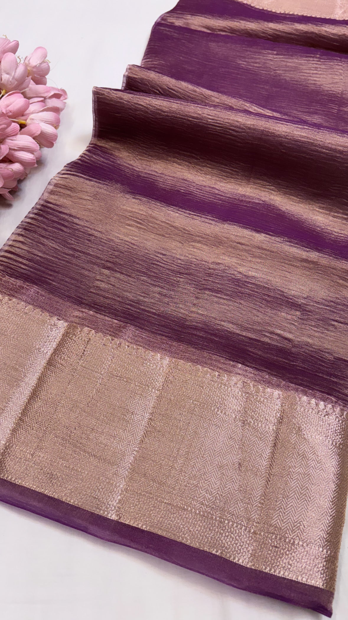Pure banarasi purple crushed tissue silk handwoven kadhwa saree with intricate border and kadhwa blouse