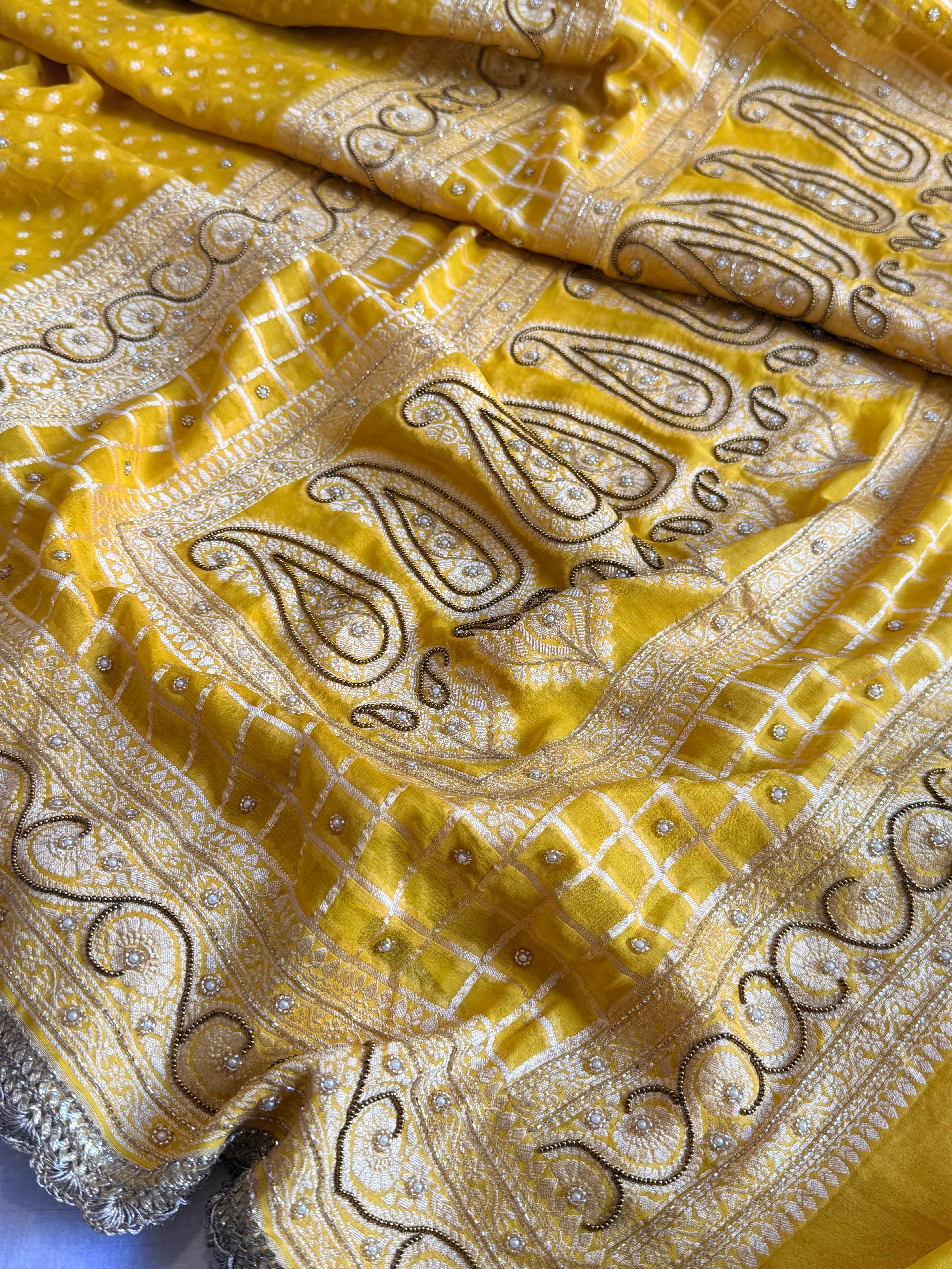 Banarasi haldi yellow chiffon gorgette kadhwa buti hand embroidered saree