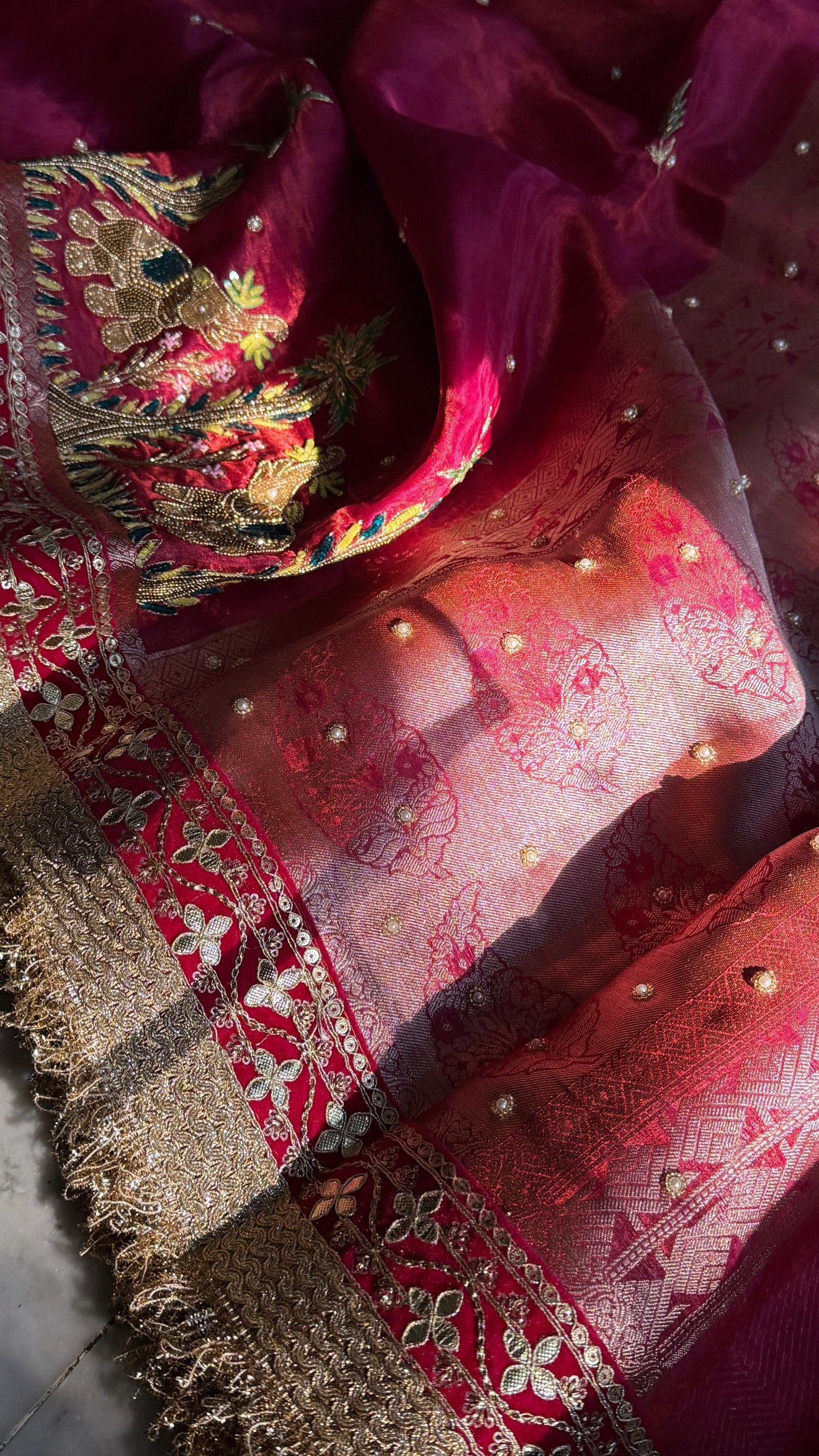 Teej special - Cranberry red tissue silk elephant motif hand embroidered kadhwa saree