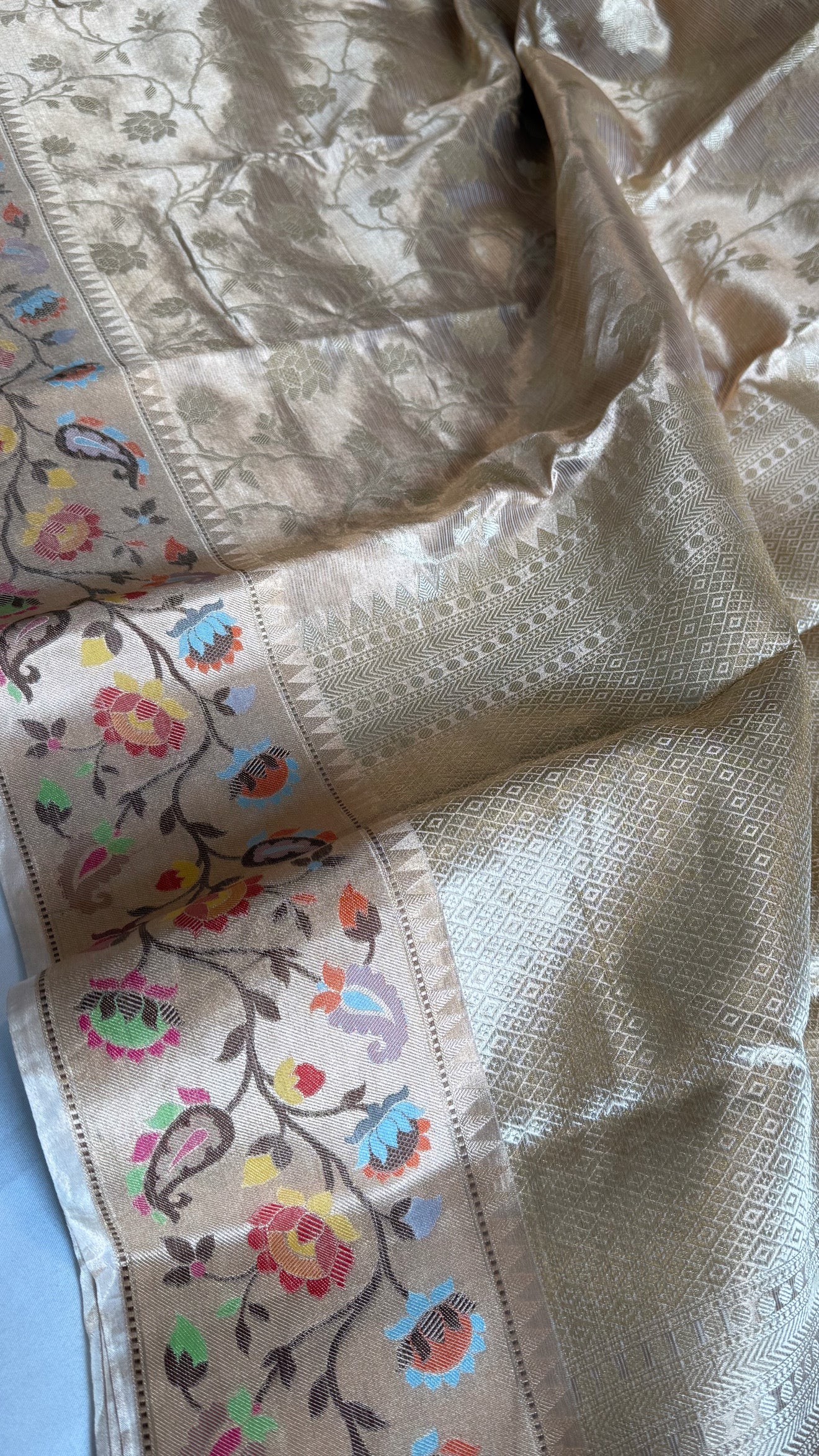 Paithani border kanjivaram banarasi tissue silk meenekari kadhwa saree