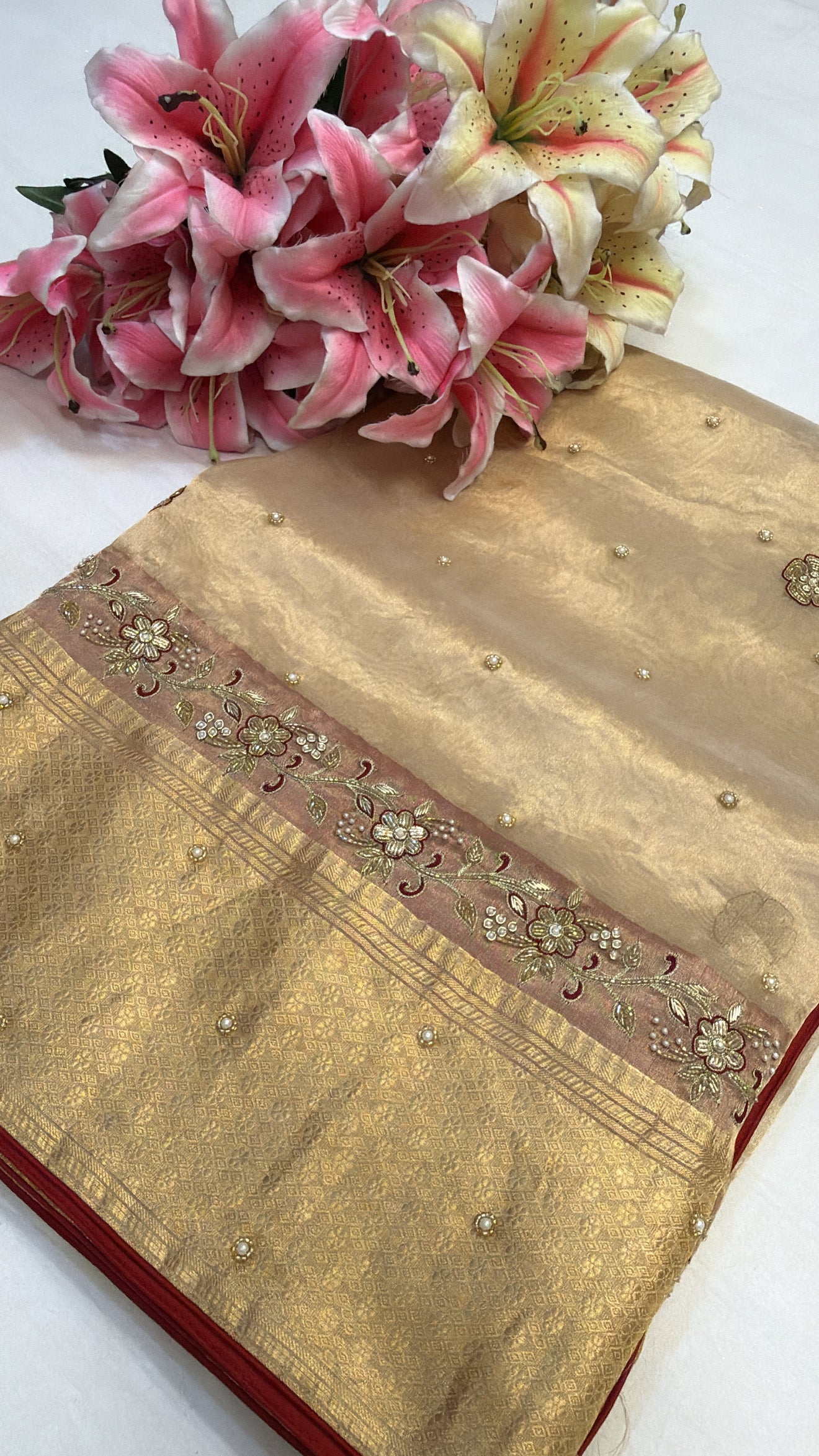 Molten gold husn tissue silk meenakari hand embroidered kadhwa saree