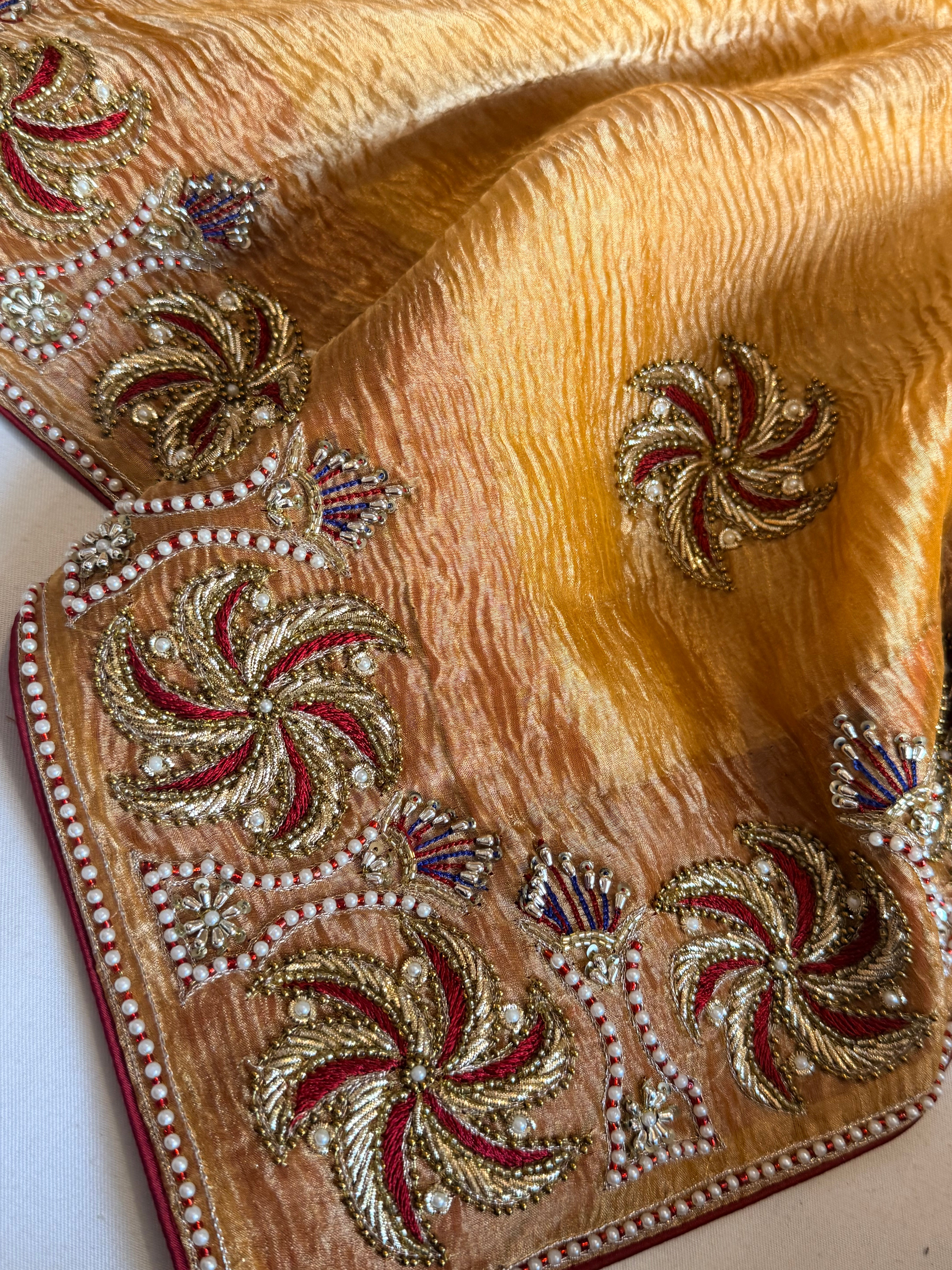 Rajkumari kesari yellow crushed tissue silk zardozi work hand embroidered saree