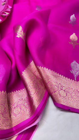 Pure banarasi hot pink ombre shaded kora silk kadhwa saree with sona rupa buti