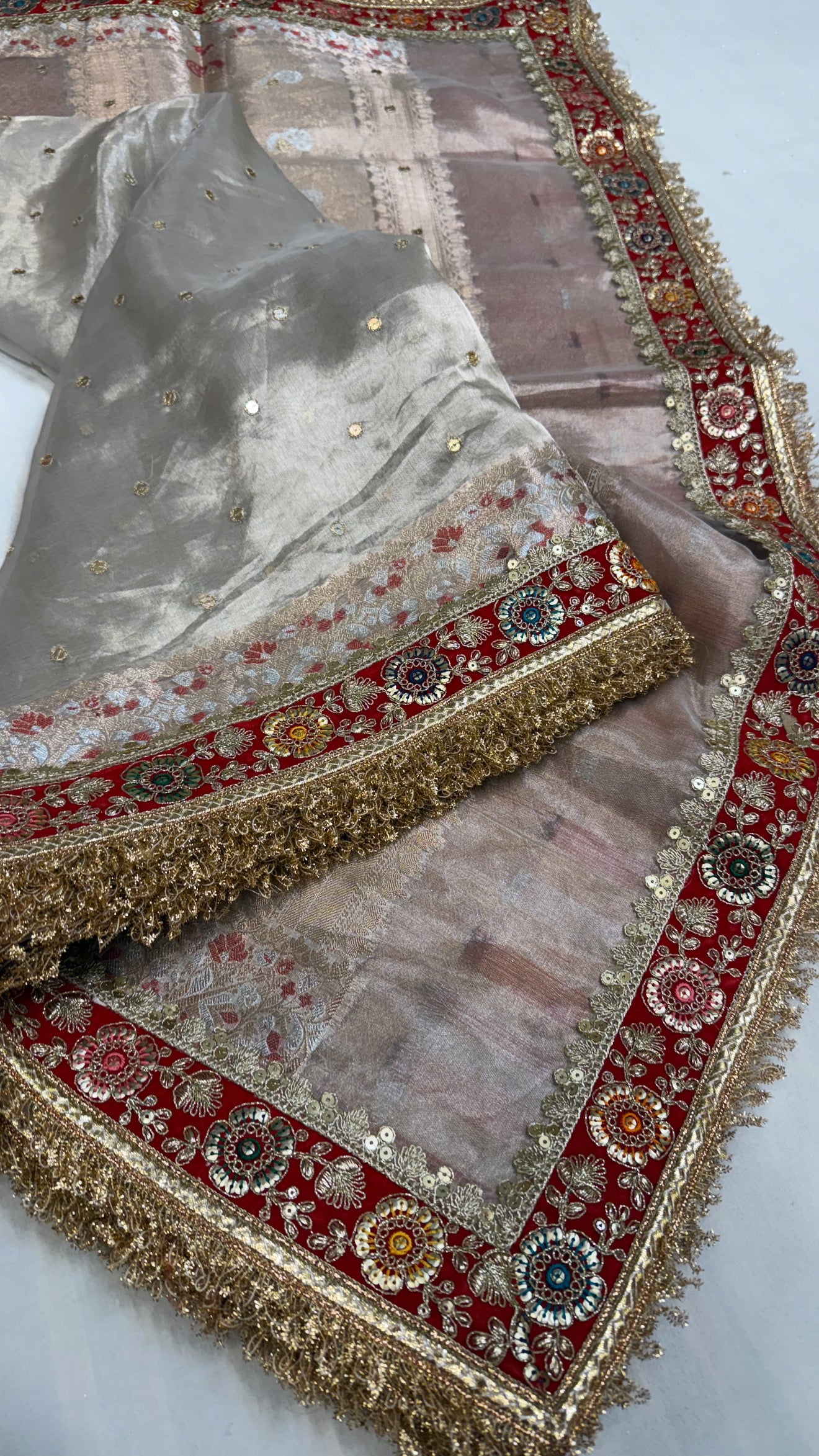 Diamond tissue silk chunri buti hand embroidered panetar saree