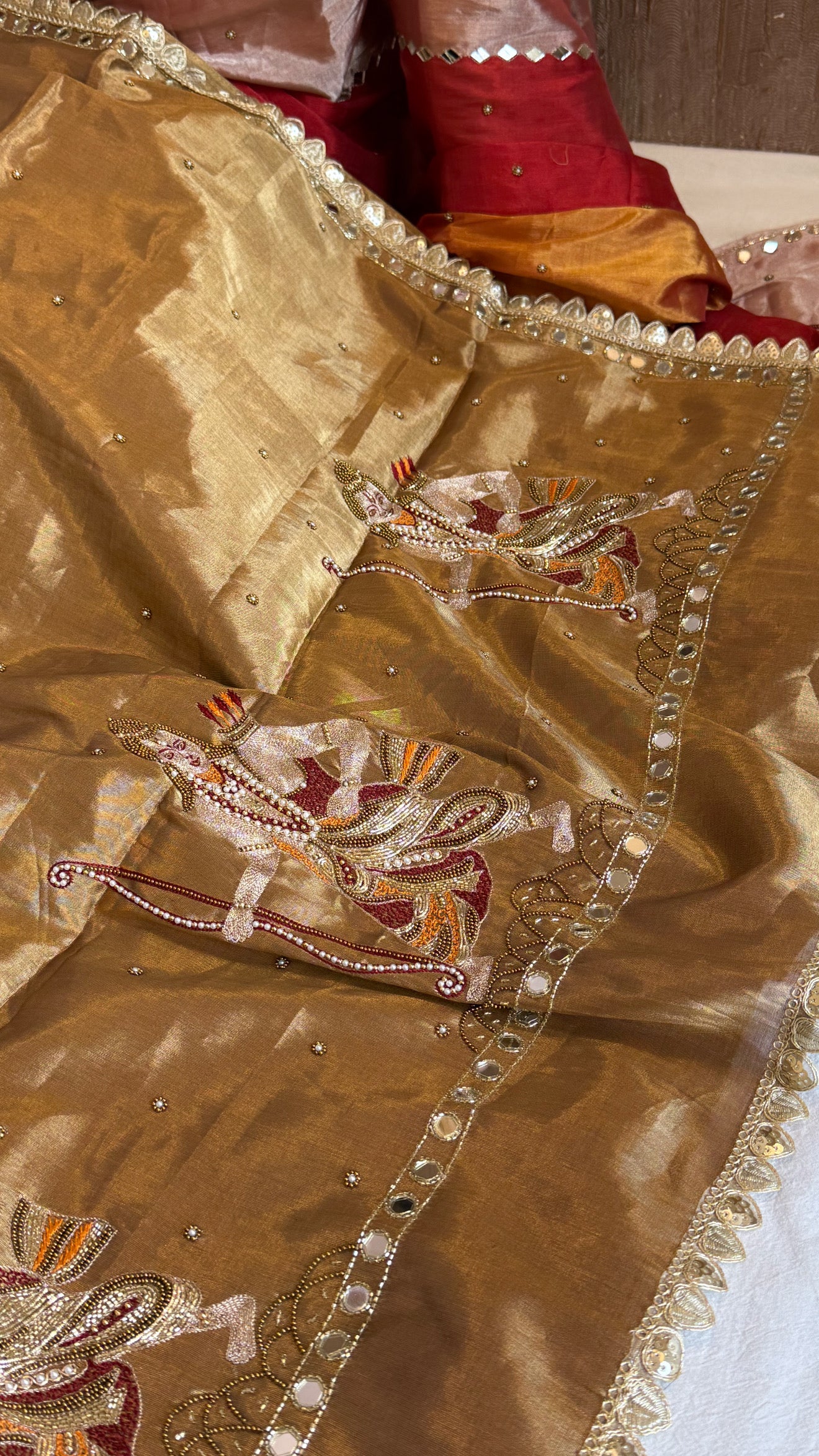 Satin tissue silk soft antique gold hand embroidered kadhwa saree