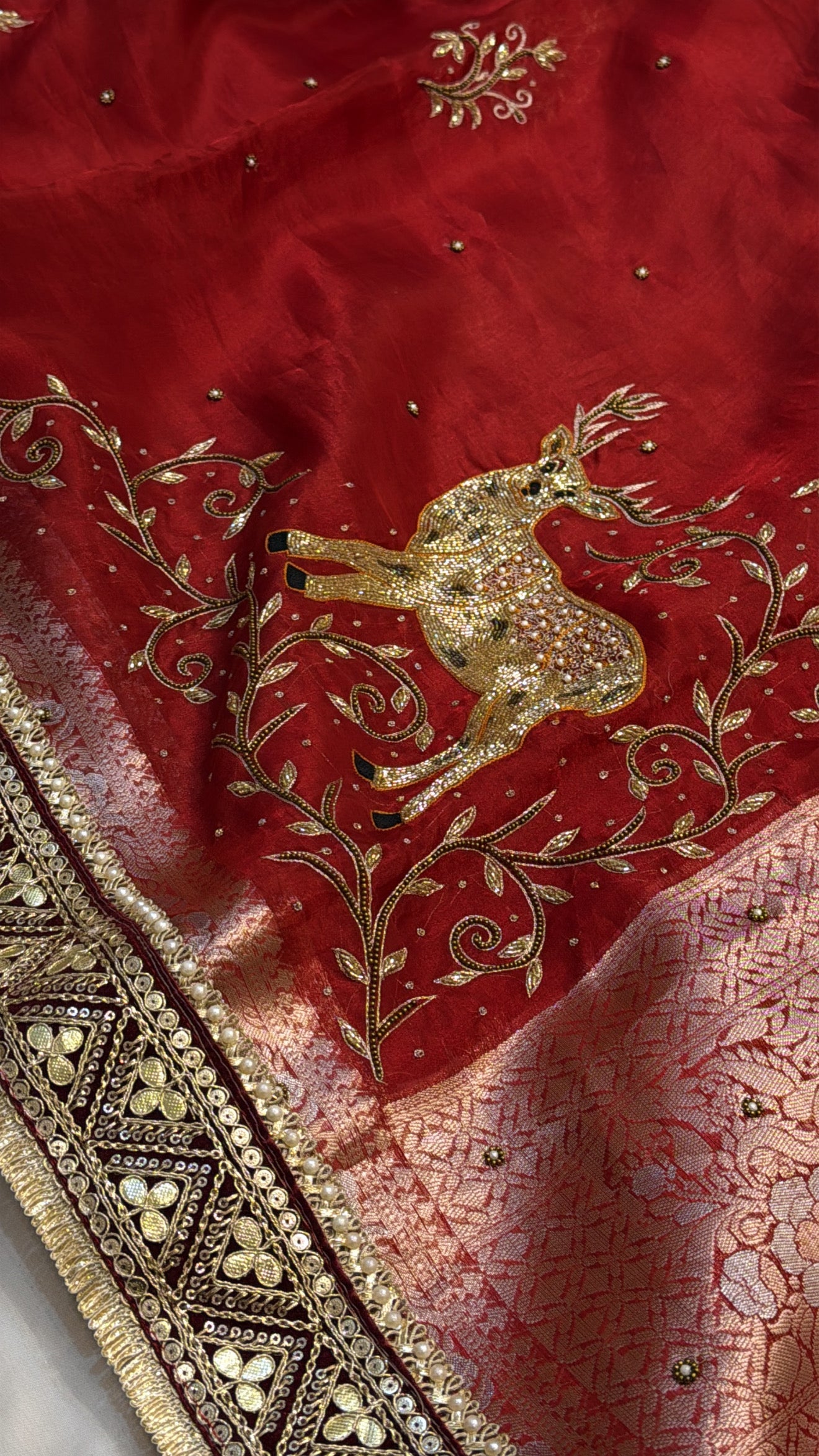 Dulhan ka joda husn red tissue silk hand embroidered kadhwa saree