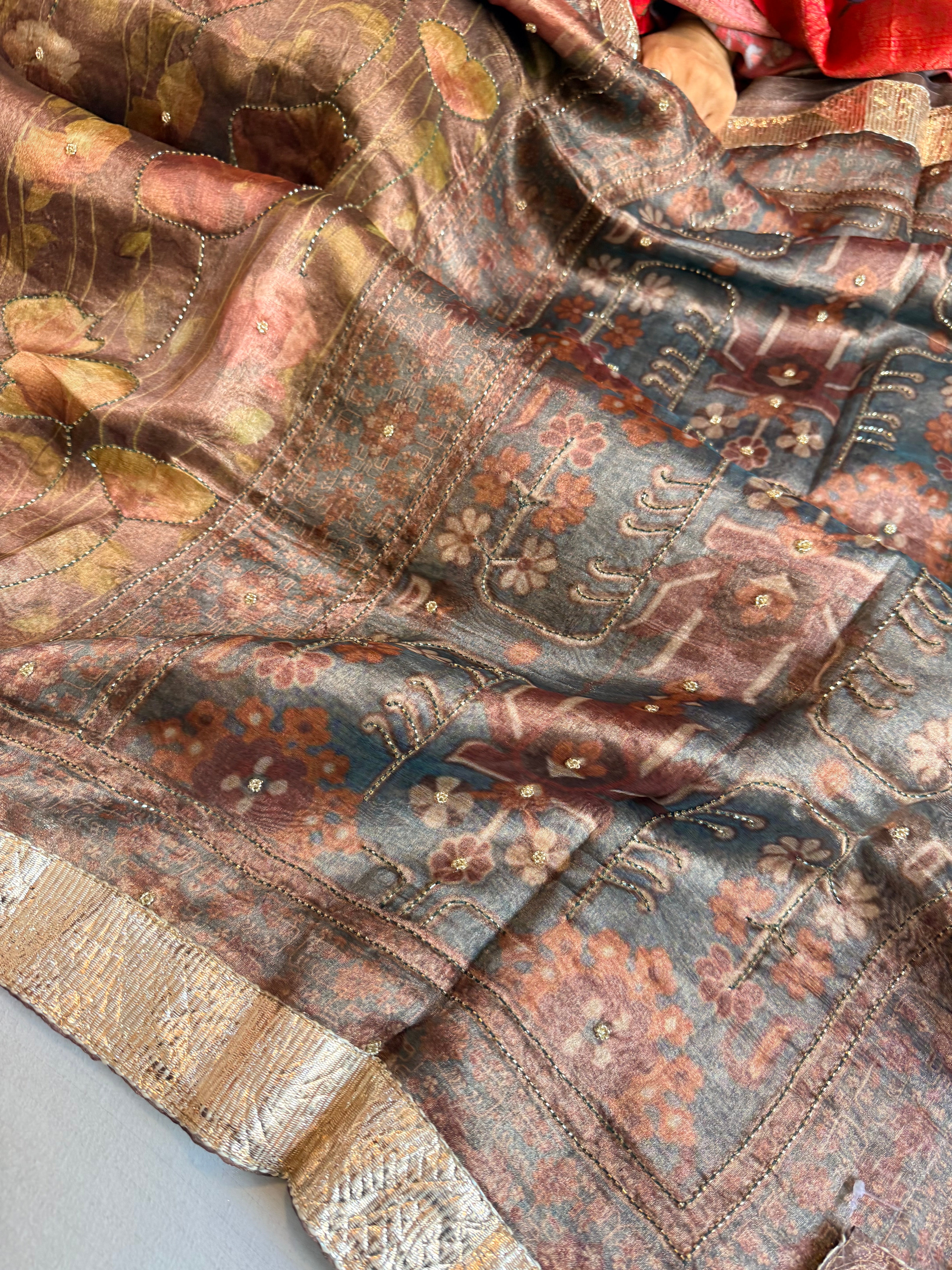 Printed tissue silk hand embroidered kadhwa gotapatti saree