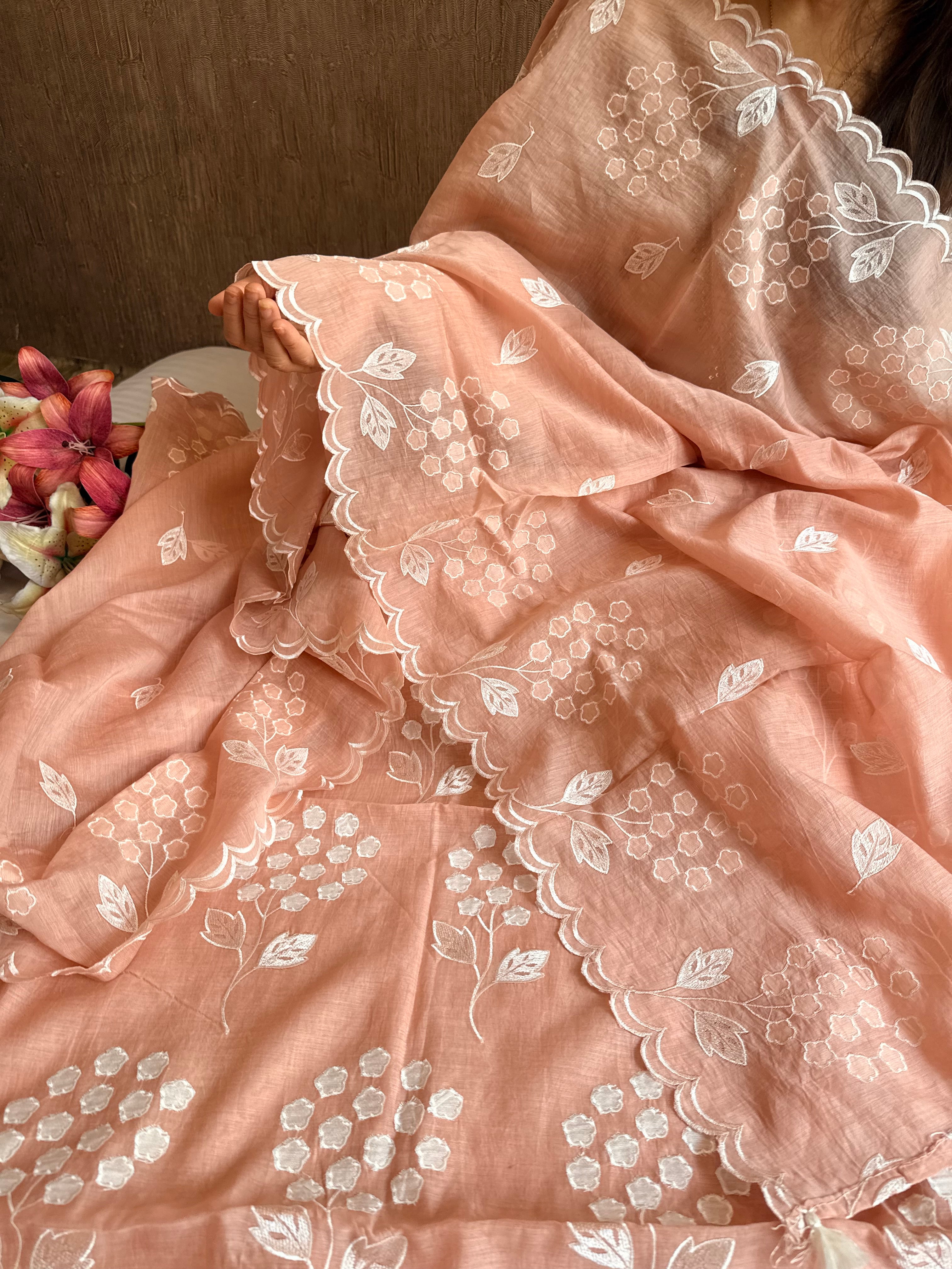 Alia bhatt inspired blush peach mulmul appliqué work suit set