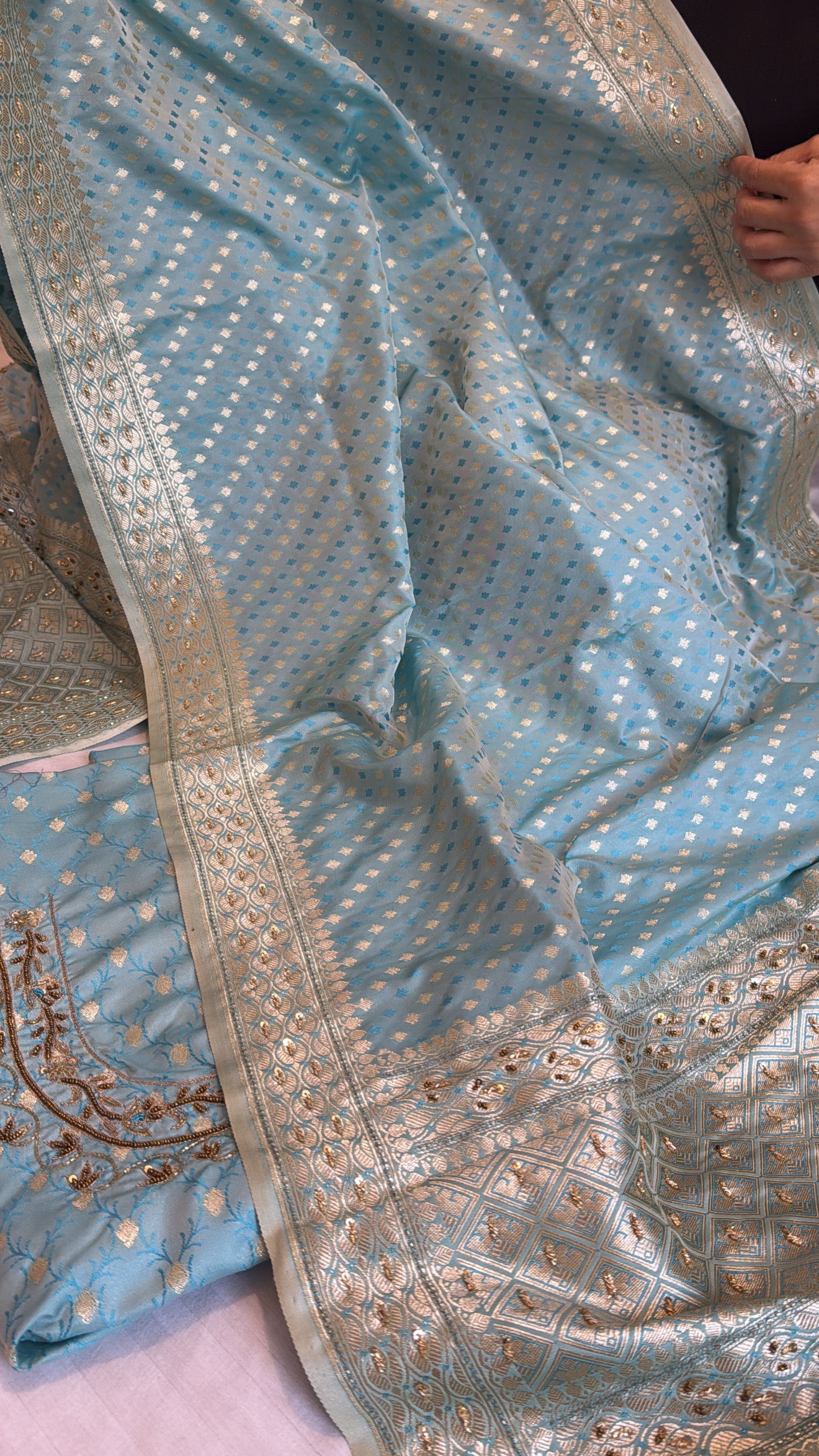 Blush blue mashru silk hand embroidered suit sets
