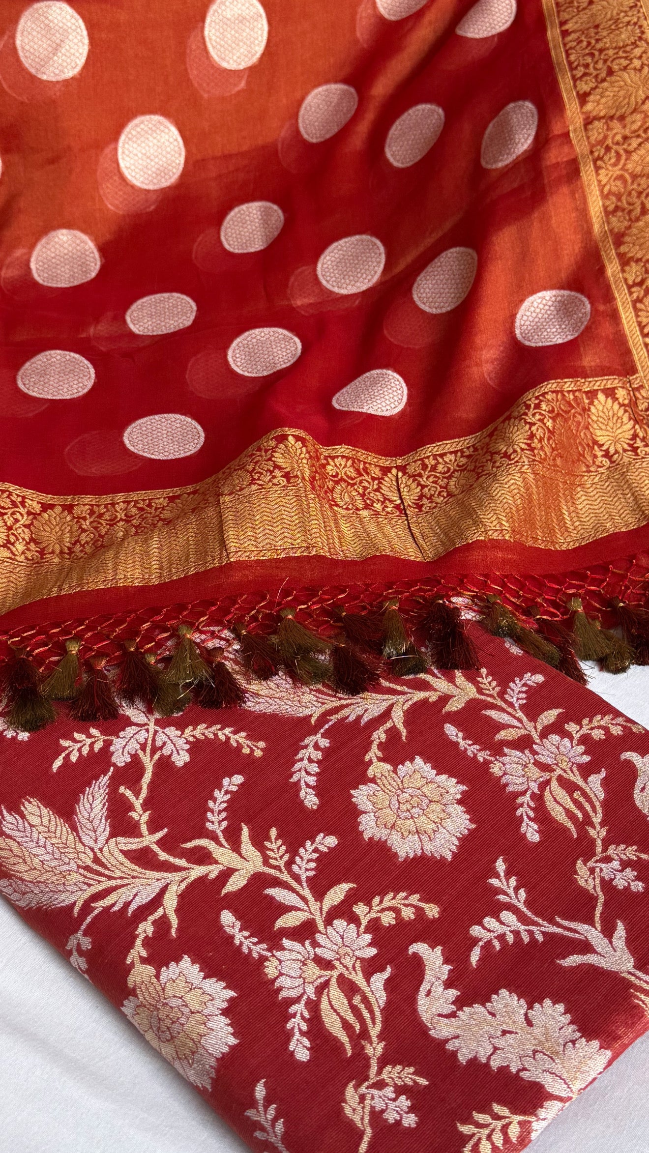 Rustic red tissue gorgette kadhwa sona rupa jungla suit set