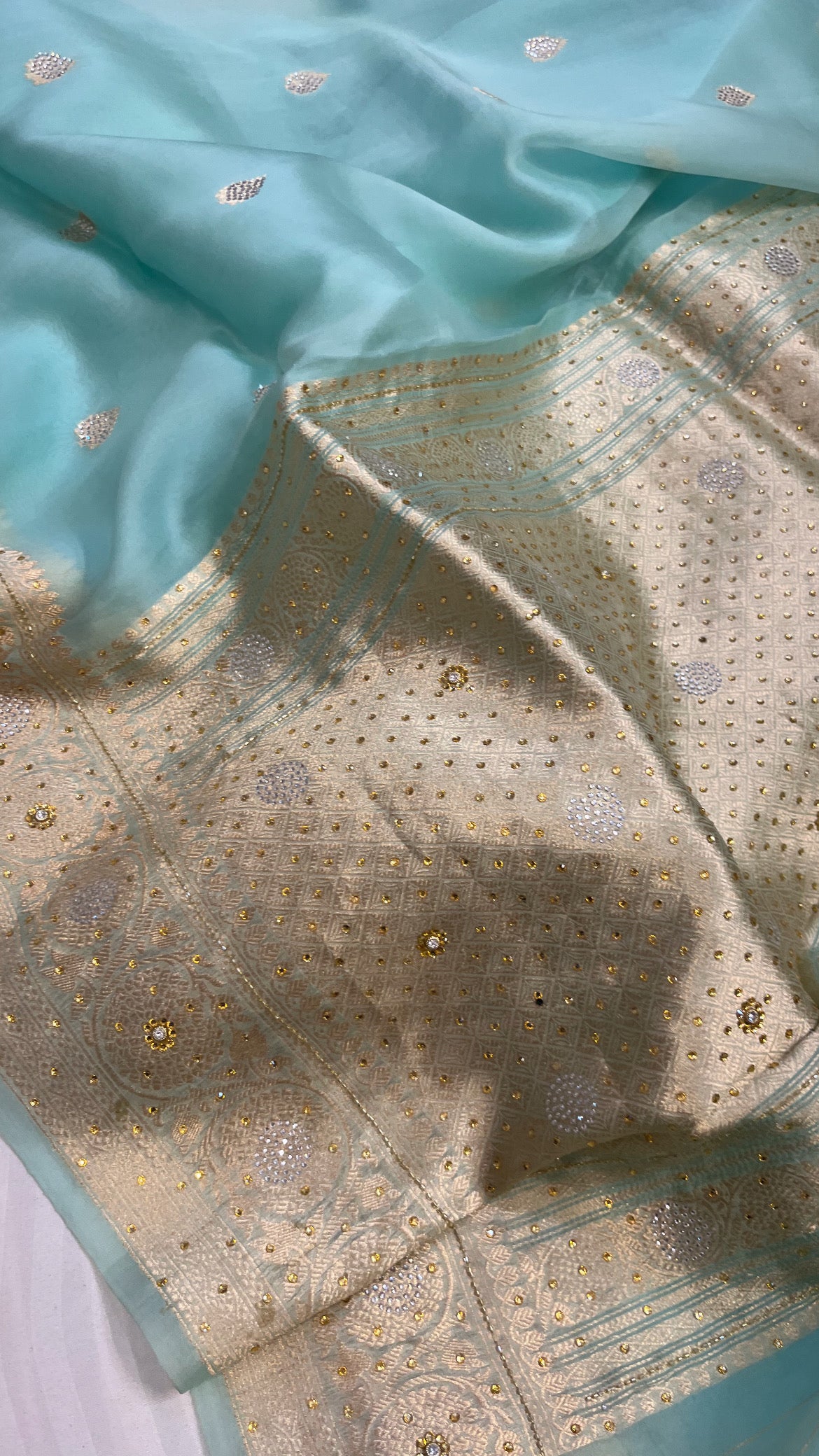 Ice blue sitara kora silk stonework saree