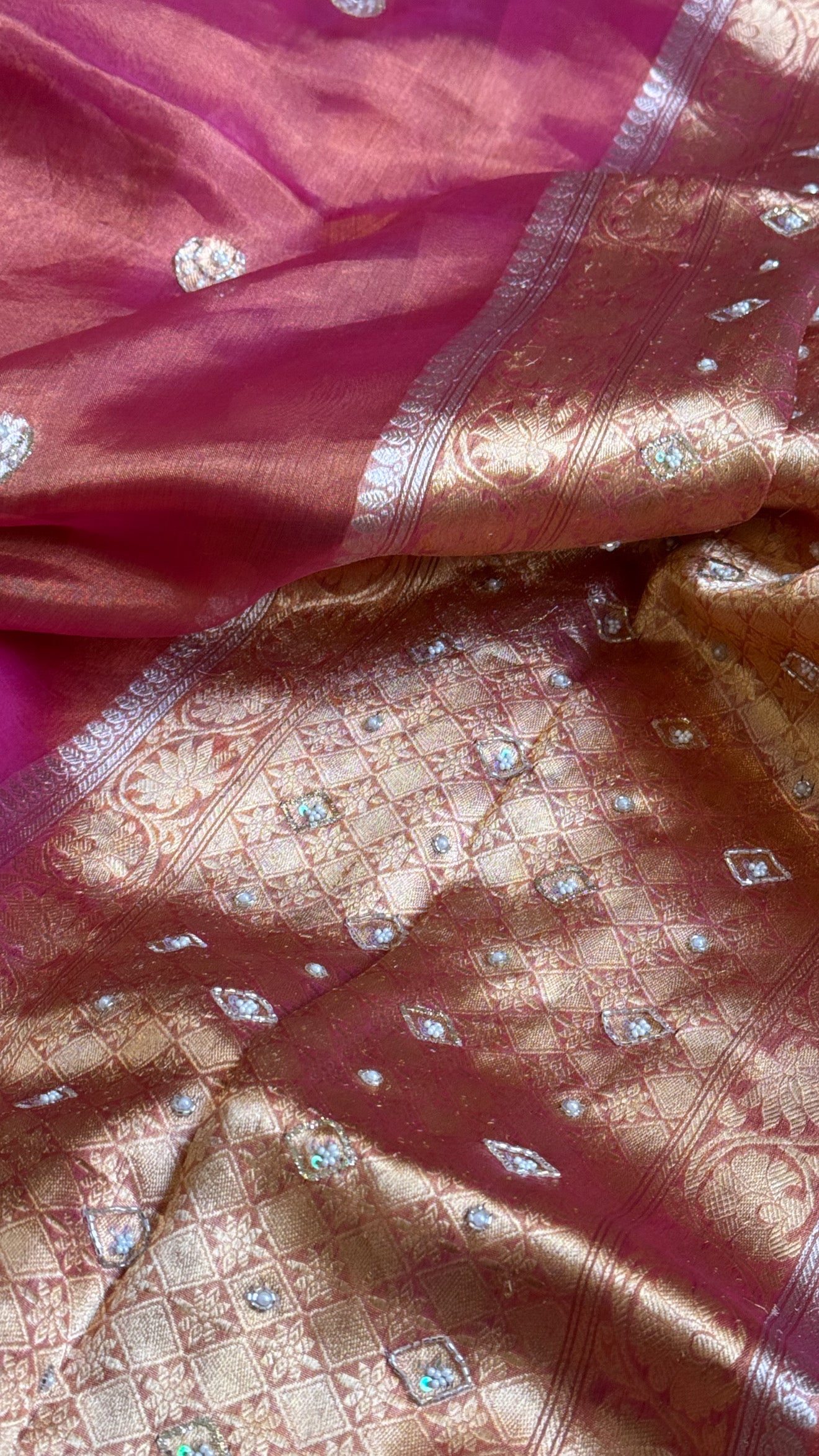 Chand tara rani pink dhup chao effect tissue silk hand embroidered saree