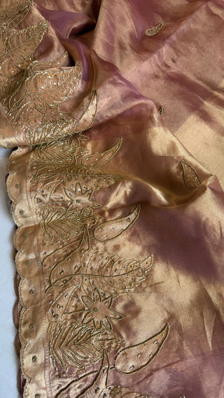 Husn blush pink tissue silk heavy hand embroidered saree