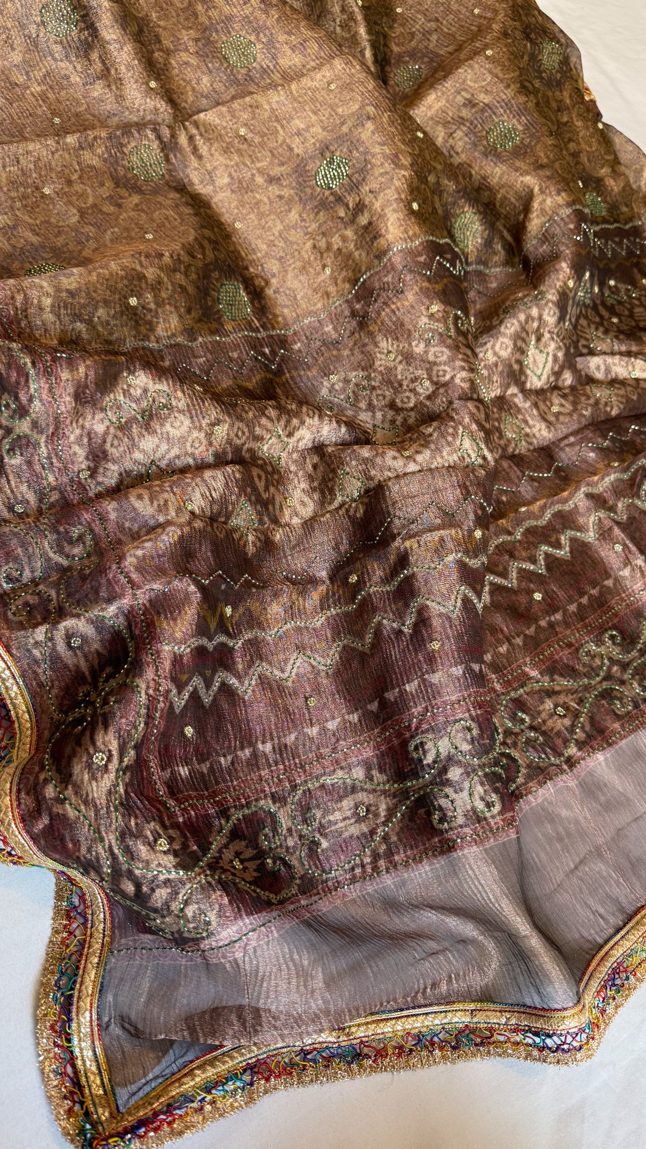 Printed tissue silk heavy hand embroidered kadhwa gotapatti saree