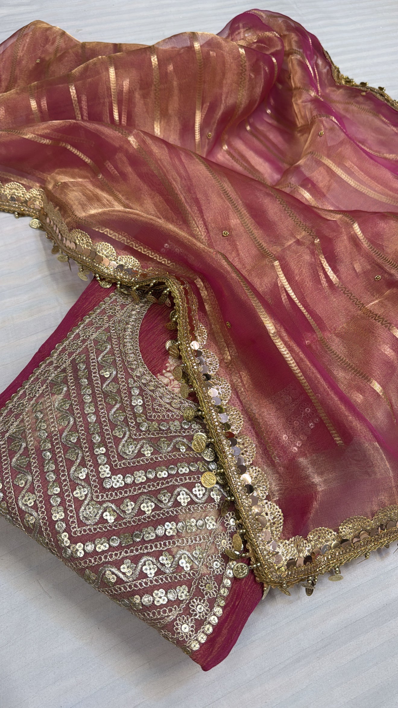 Shagun ke suits - Cherry pink gotapatti tissue silk kadhwa suit sets