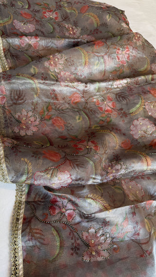 Printed tissue silk kadhwa hand embroidered gotapatti saree