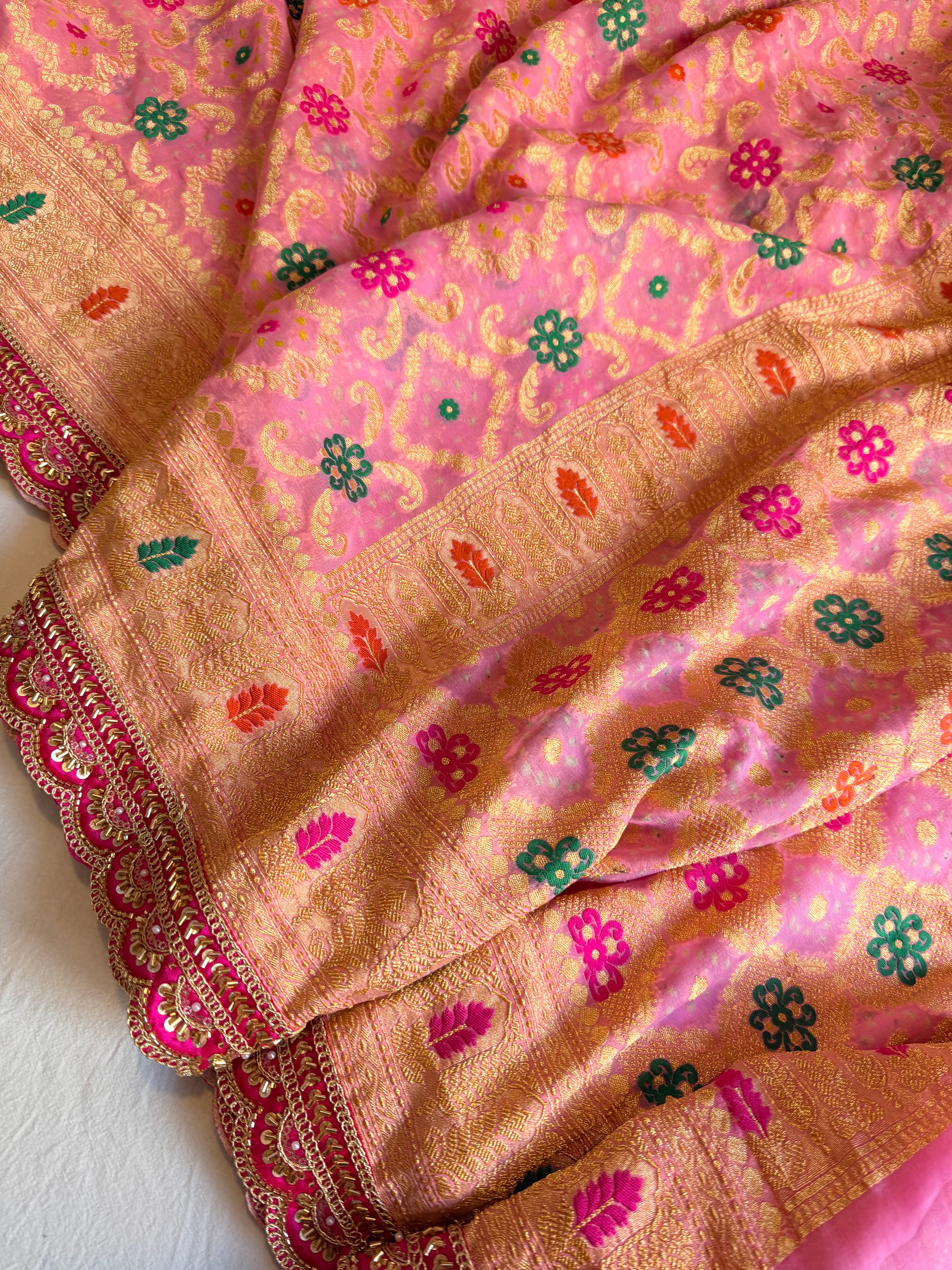 Banarasi blush shades of chiffon rai bandhej mirror work gotapatti saree