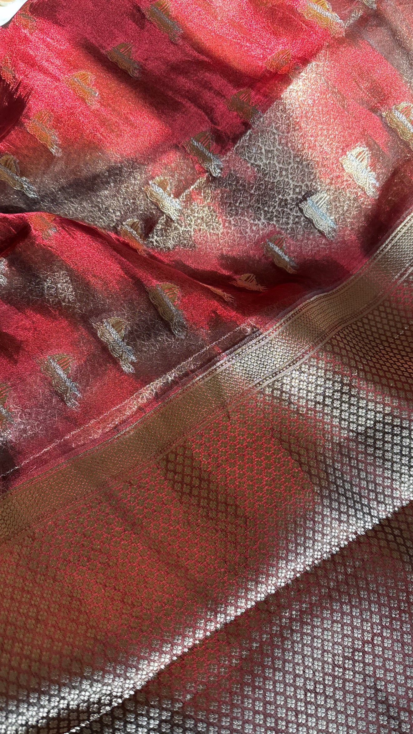 Teej special- Midnight blood red kadhwa buti maharani tissue silk saree