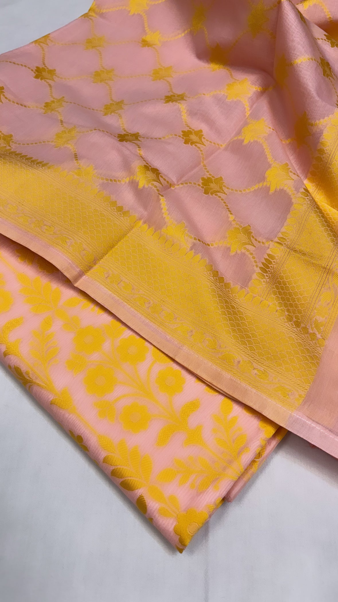 Pure banarasi pink - yellow cotton resham meenedar suit set.