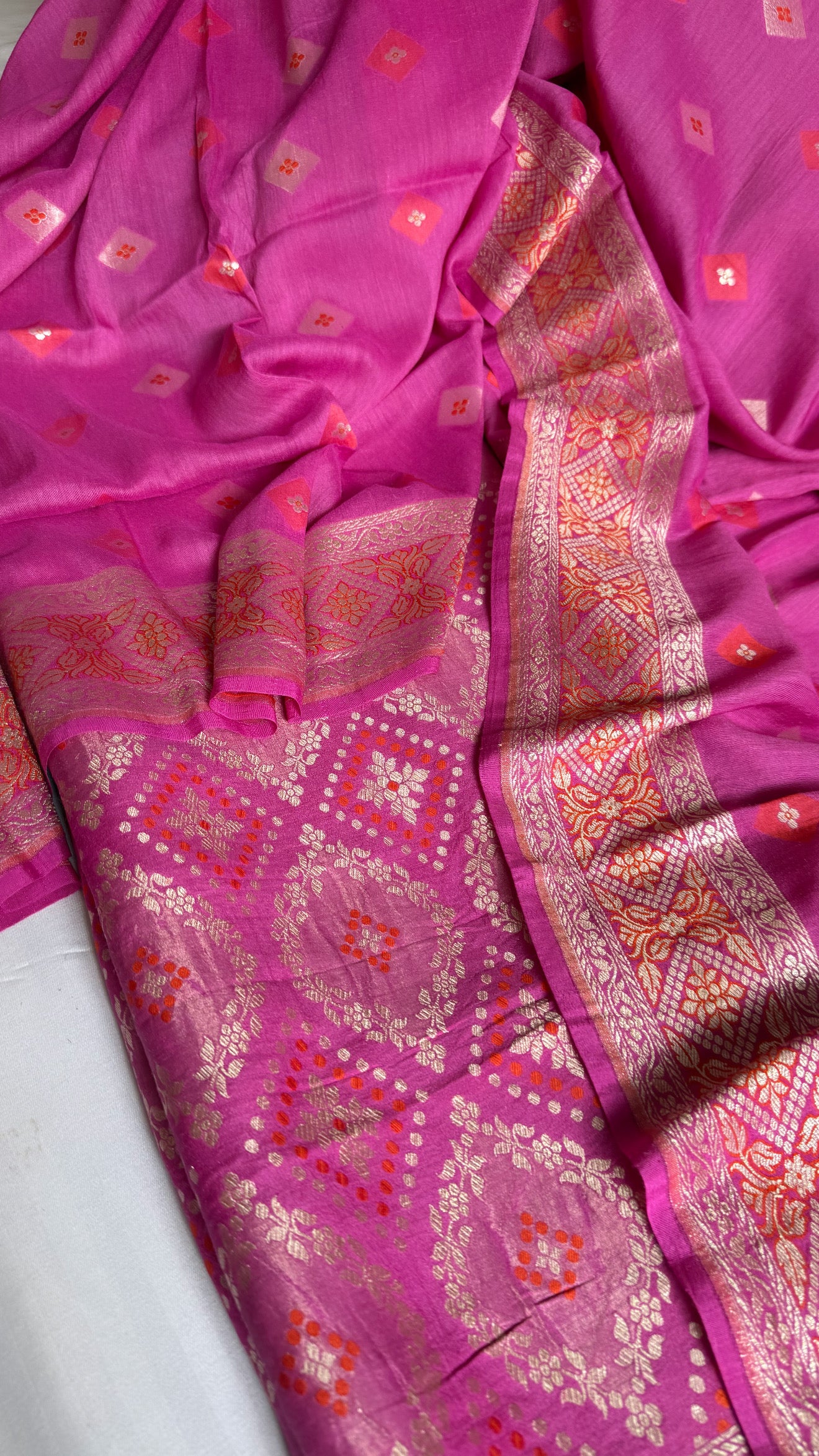 Strawberry pink moonga silk bandhej weaving kadhwa suit set