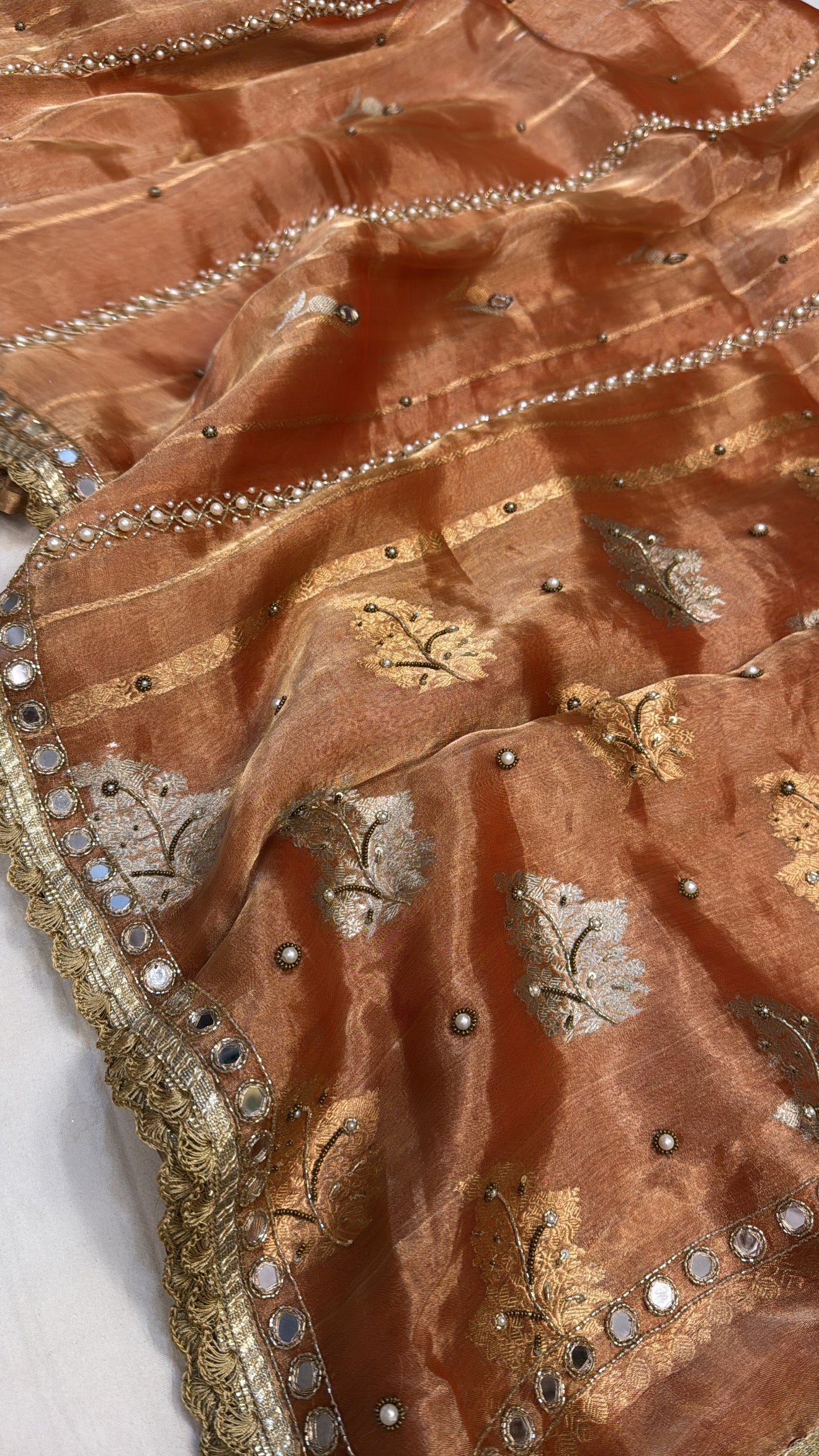 Burnt orange husn tissue silk hand embroidered kadhwa saree