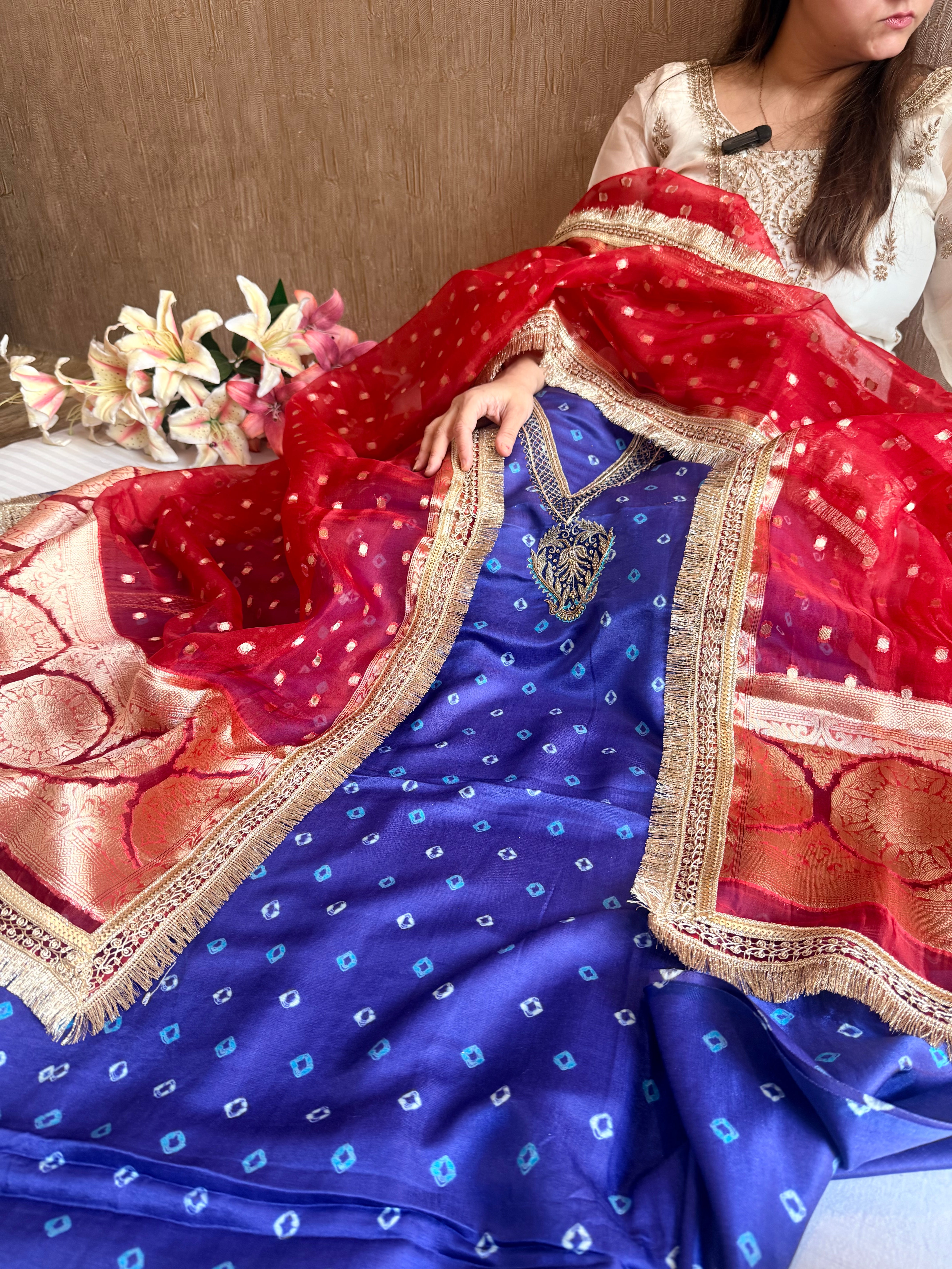 Electric blue - red chiniya silk kadhwa buta kurta paired with kora silk red duppata