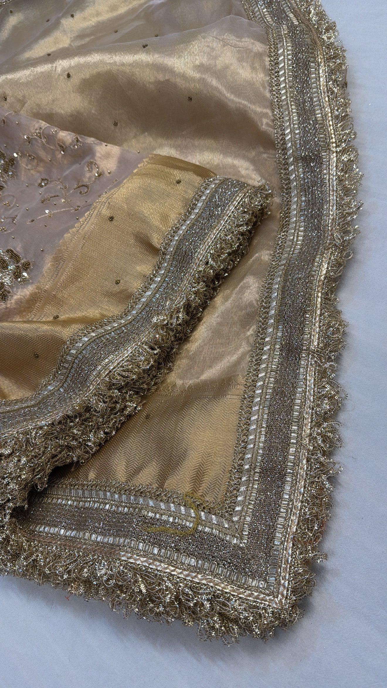 Golden tissue silk hand embroidered kadhwa saree with gotapatti work
