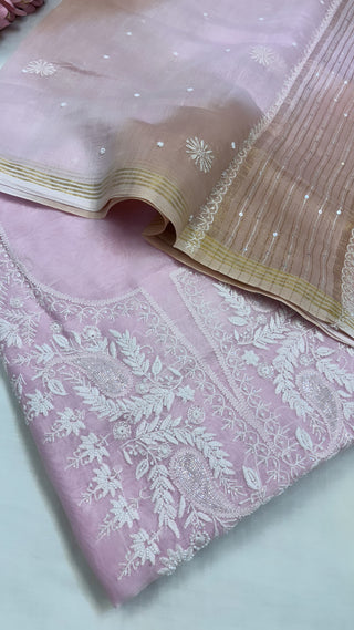 Pure Banarasi soft pink handloom premium cotton kadhwa lucknowi chikankari hand embroidered suit set with intricately hand embroidered motifs and ombre shaded duppata set